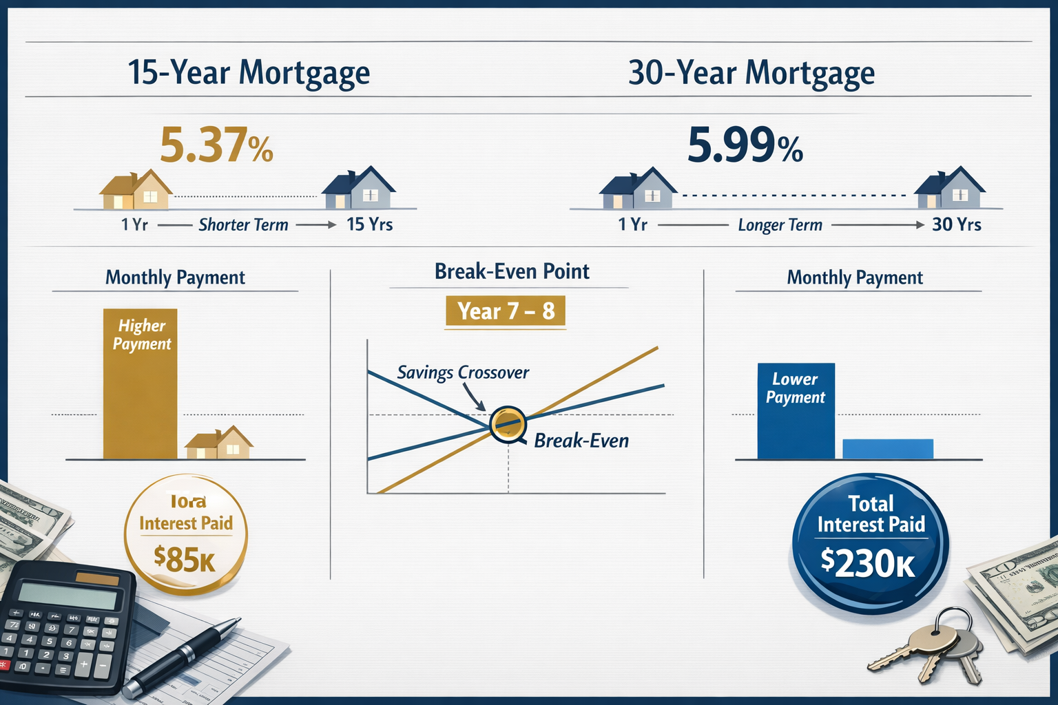 Detailed landscape format (1536x1024) infographic comparing 15-year versus 30-year mortgage structures side-by-side. Left column shows 15-ye