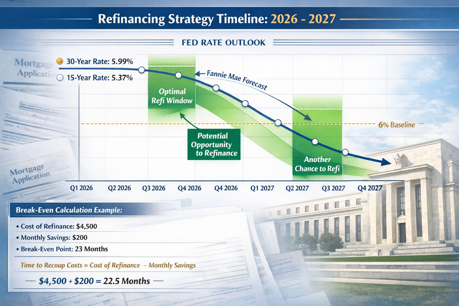 Detailed landscape format (1536x1024) refinancing strategy timeline visualization for 2026-2027 showing Federal Reserve rate prediction curv