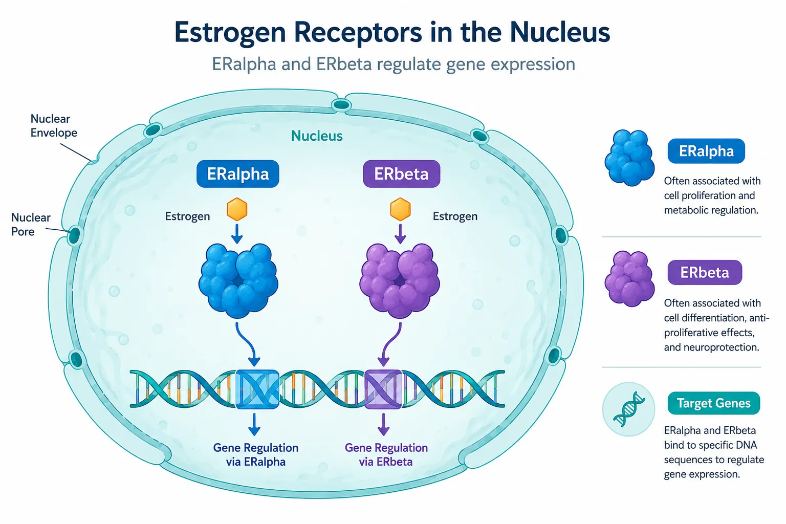 Flat-vector infographic illustration in bright clinical white and teal palette showing a stylized cross-section of a cell