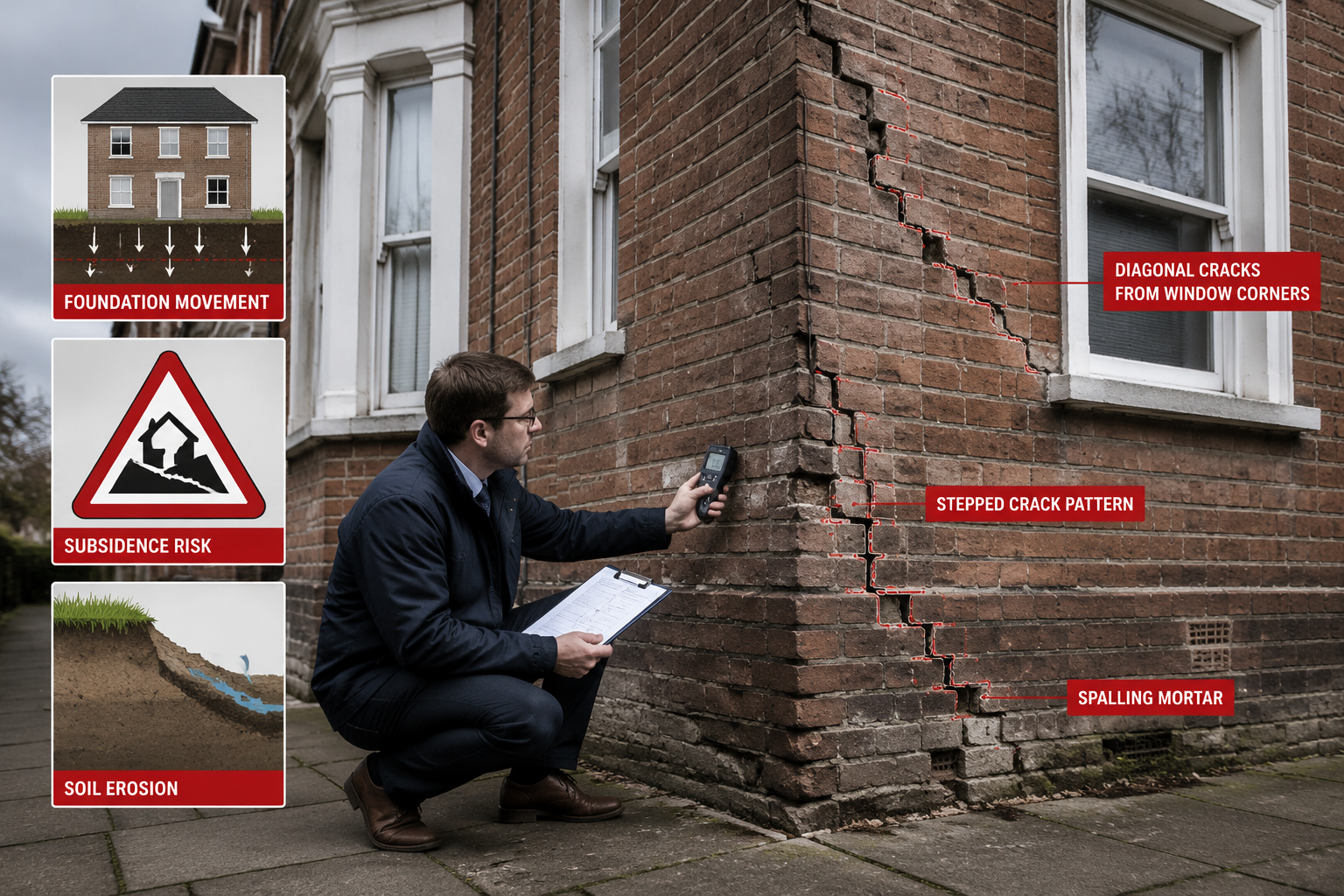 Wide-angle editorial photograph of a chartered surveyor in professional attire crouching to inspect stepped crack patterns