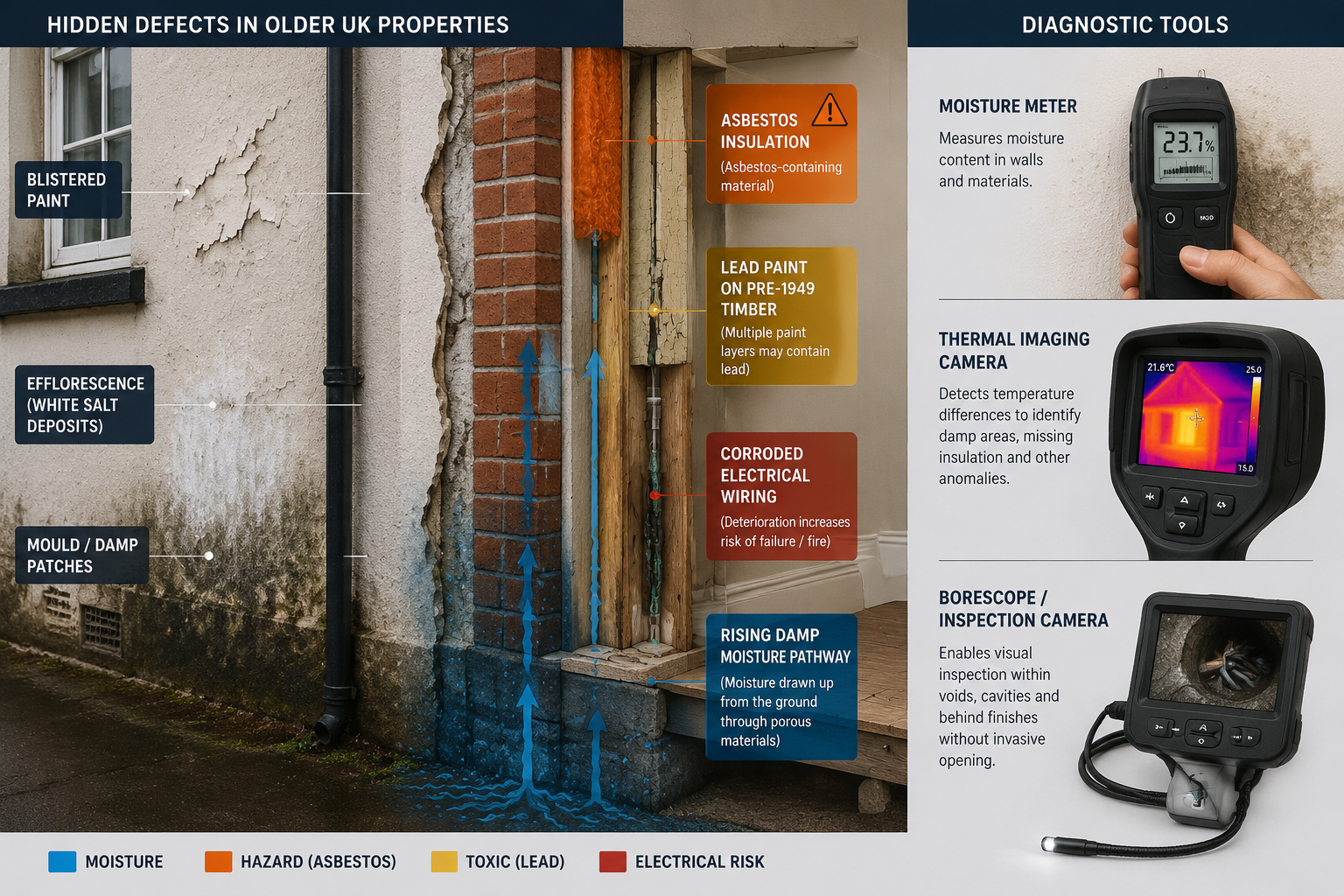 Split-composition infographic-style editorial image showing a cross-section diagram of an older UK property wall revealing