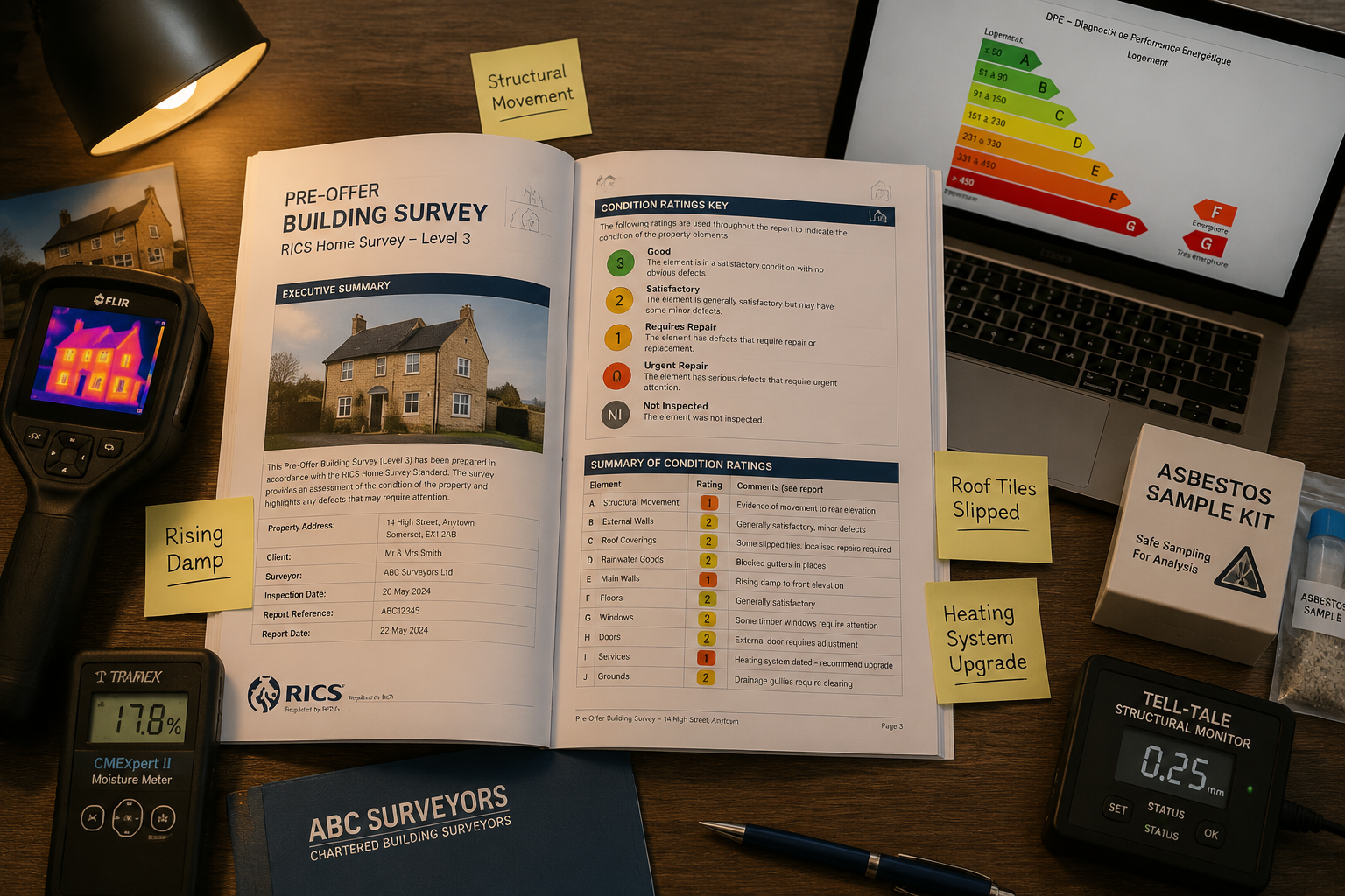 Overhead flat-lay editorial photograph of a pre-offer building survey report spread open on a wooden desk, surrounded by