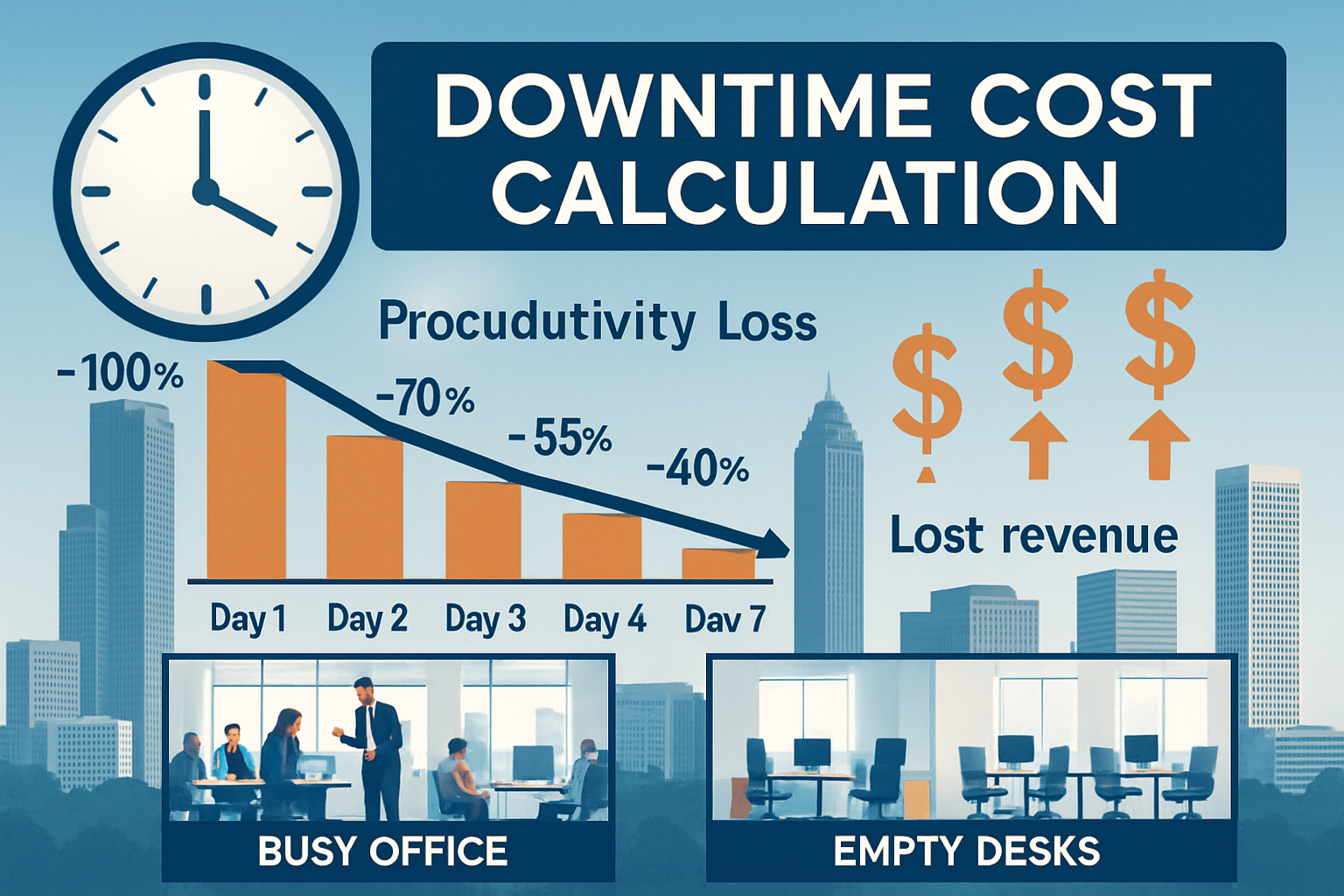 Detailed infographic showing downtime cost calculation with Metro Atlanta business skyline background, featuring clock showing 1 hour, casca