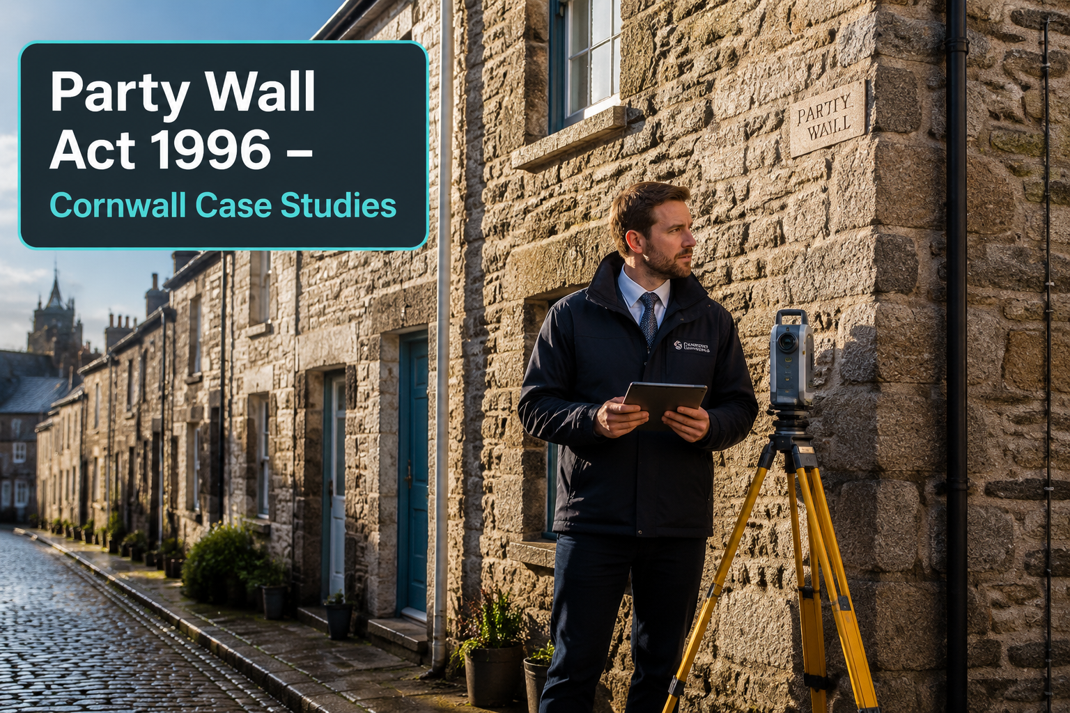 Wide-angle editorial photograph of a Cornish granite terraced row of historic cottages in Falmouth or Truro, a chartered