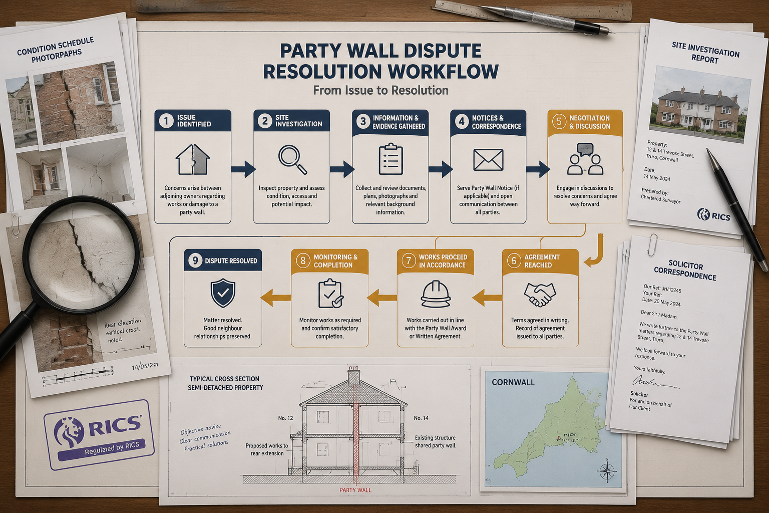 Overhead flat-lay infographic style image showing a party wall dispute resolution workflow diagram on a large drafting