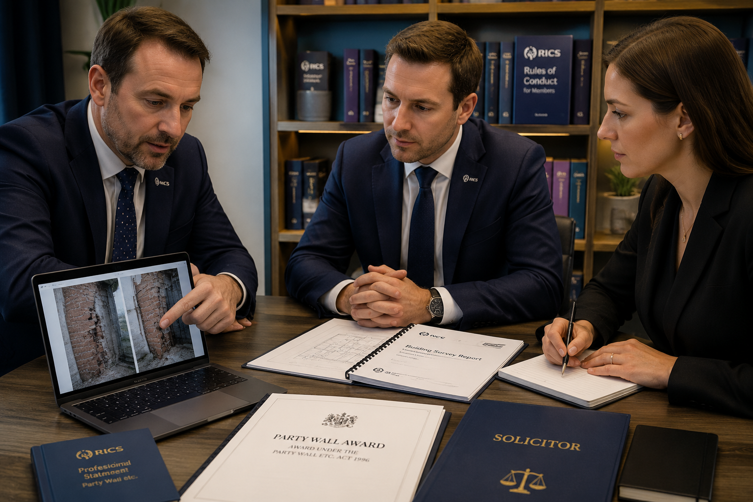 Close-up editorial photograph of two professional chartered surveyors and a solicitor seated at a modern meeting table