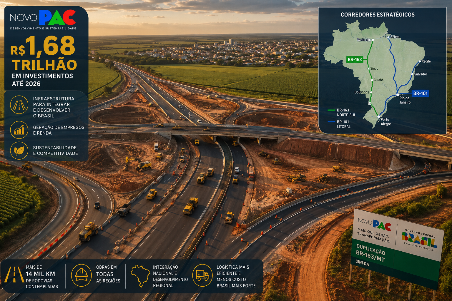 Wide aerial drone shot looking down at a massive Brazilian highway interchange under active construction in the Cerrado
