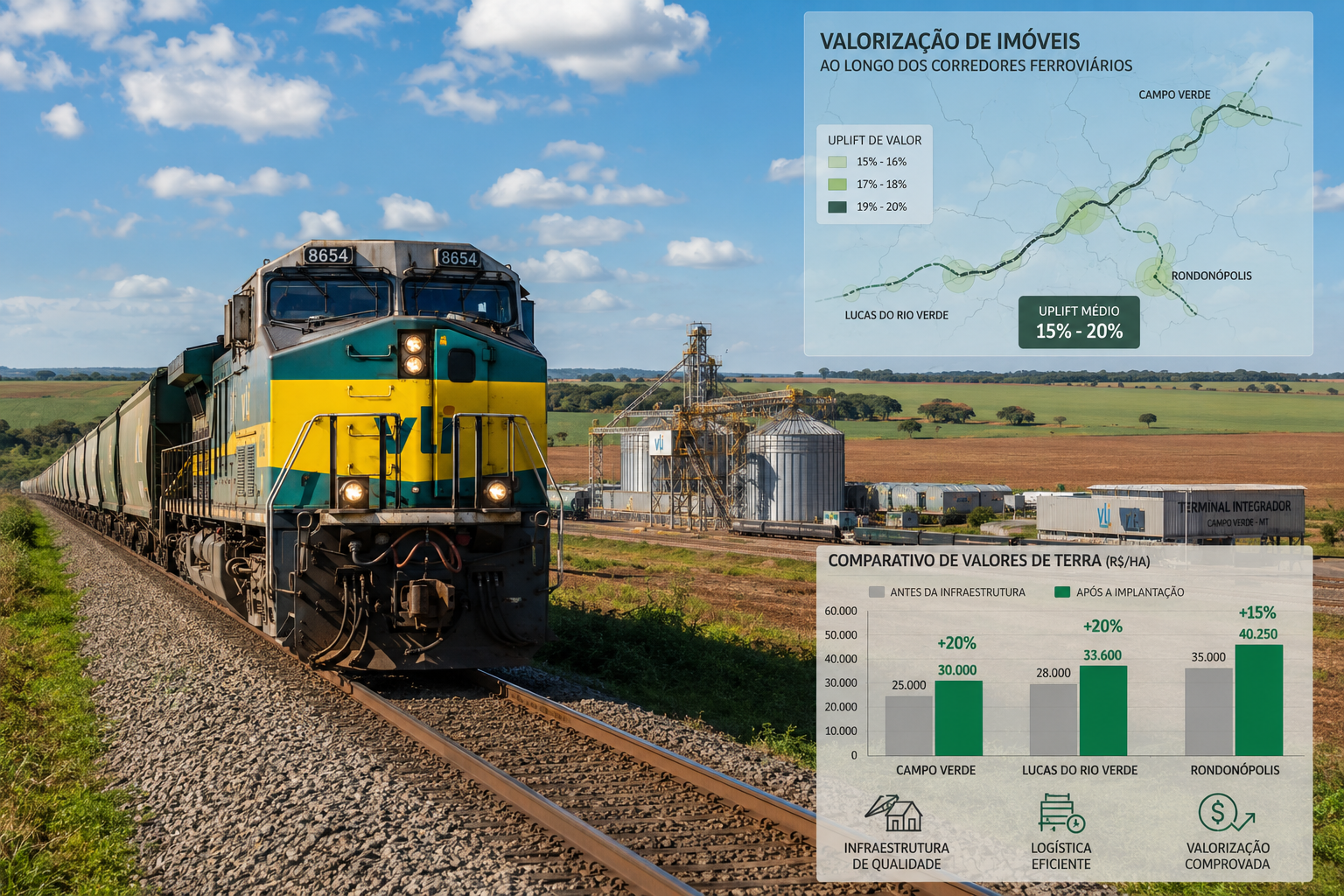 Close-up ground-level perspective of a modern Brazilian freight railway locomotive hauling grain containers through inland