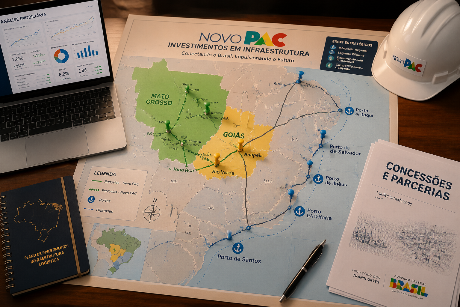 Boardroom-style overhead flat-lay of a large infrastructure investment map of Brazil spread on a table, with colored pins