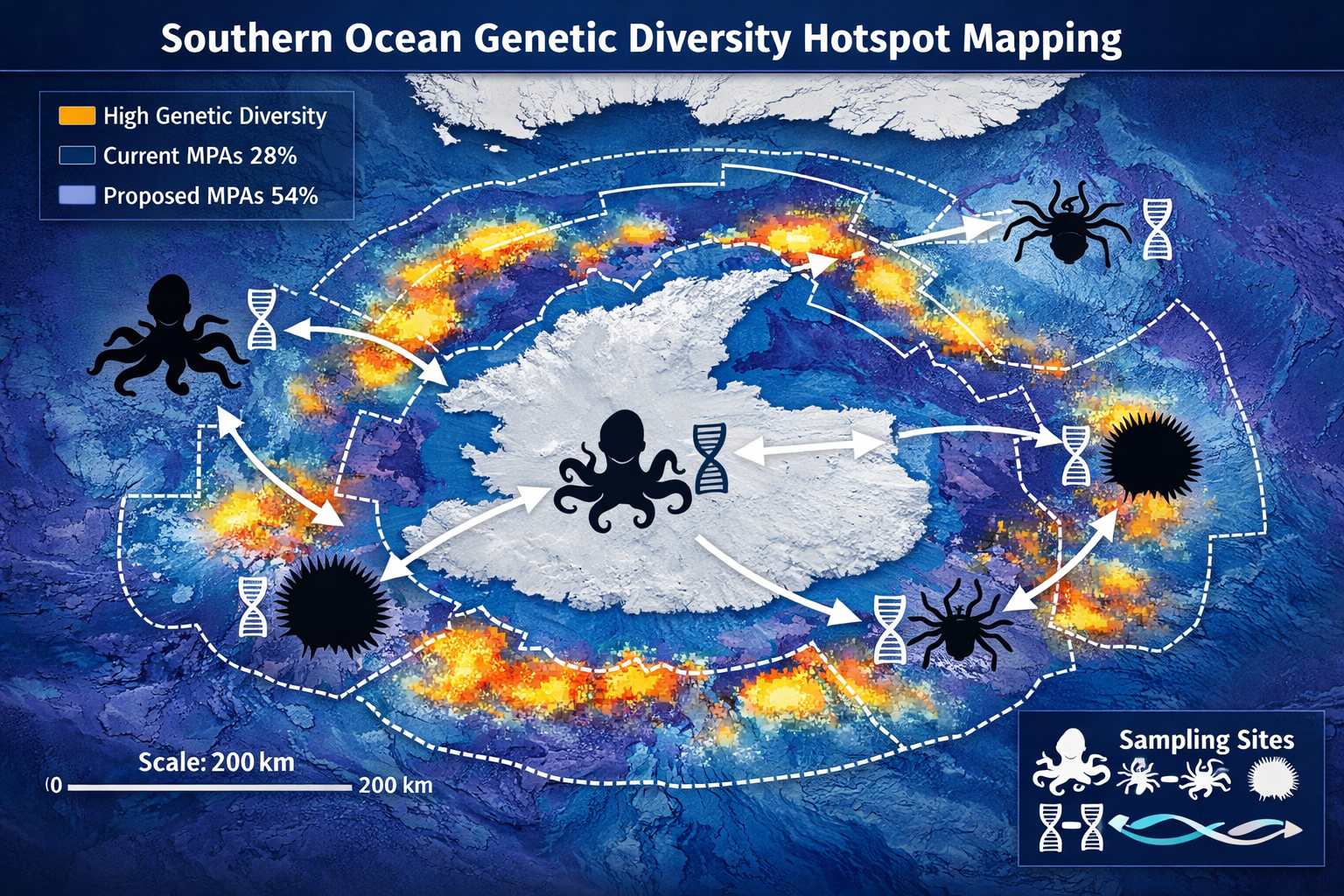 Landscape format (1536x1024) detailed illustration showing Southern Ocean genetic diversity hotspot mapping system with layered bathymetric