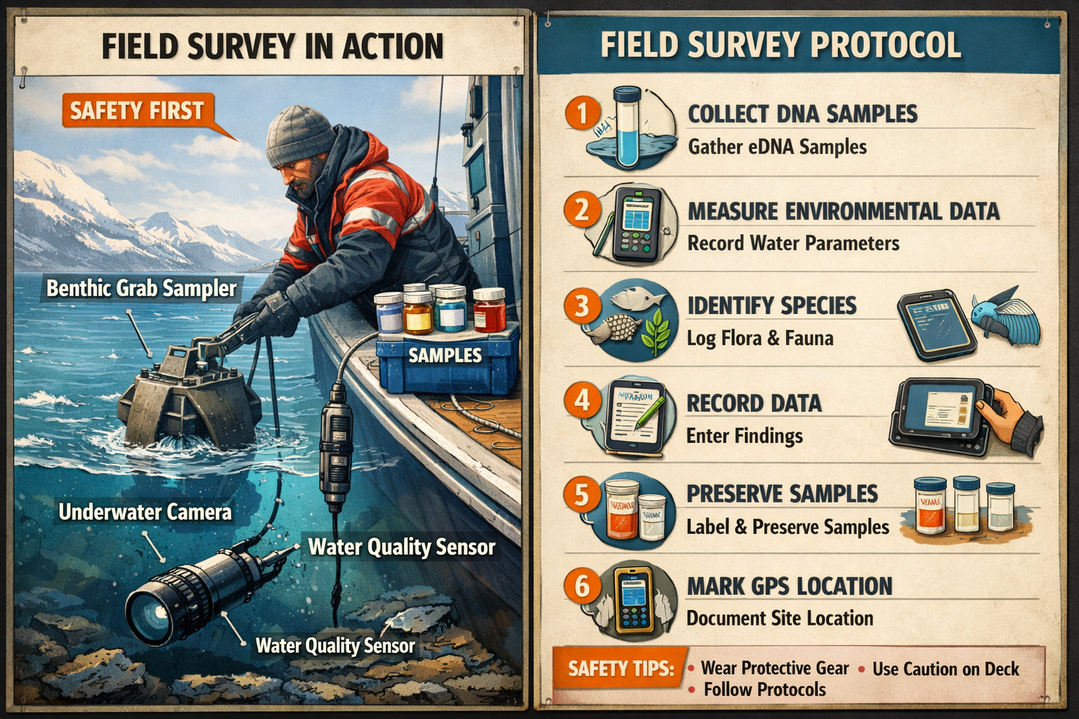 Landscape format (1536x1024) comprehensive field survey protocol visual showing split-screen composition: left side displays ecologist in co
