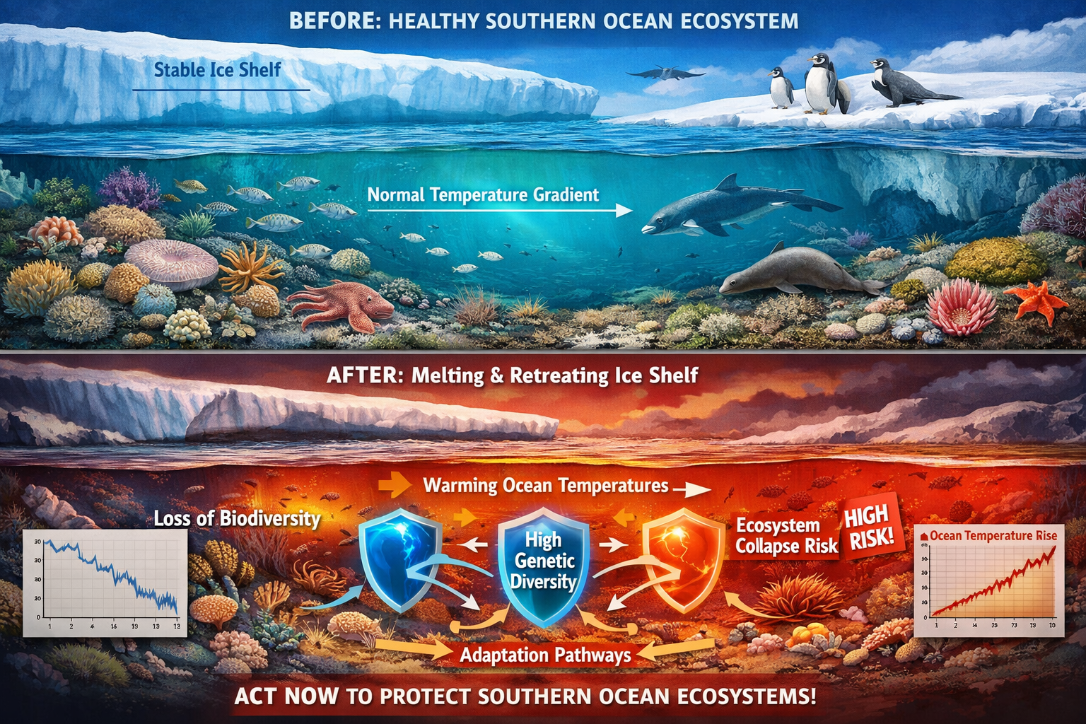 Landscape format (1536x1024) climate change impact visualization for Southern Ocean ecosystems showing before-and-after comparison panels: t