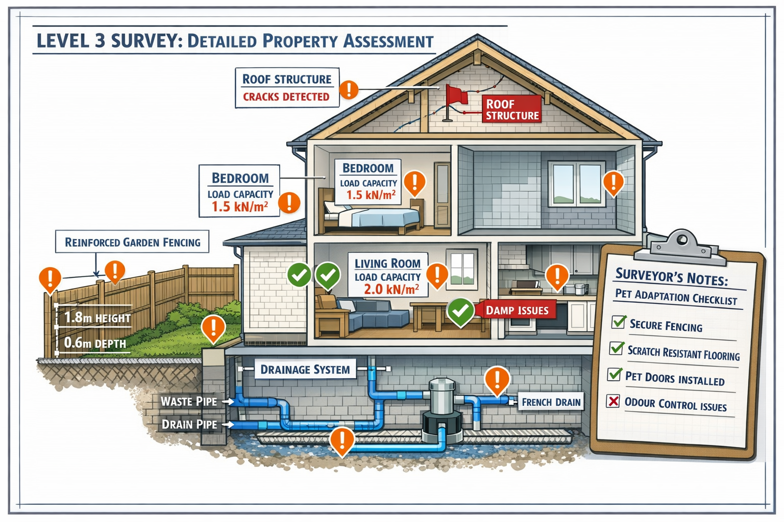 () detailed illustration showing cross-section view of residential rental property with multiple structural assessment