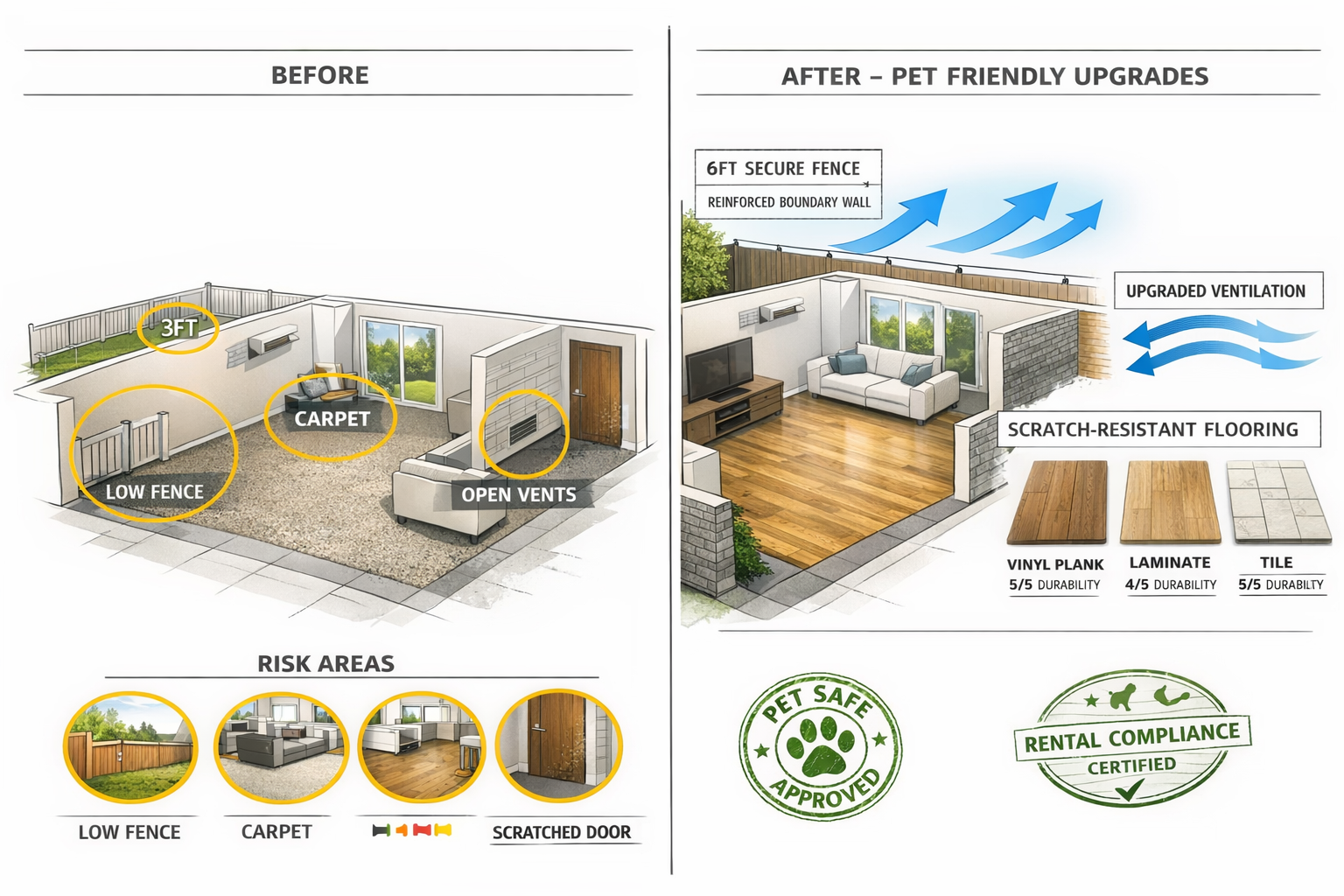 () split-screen comparison image showing before-and-after scenarios of approved pet adaptations in rental properties. Left