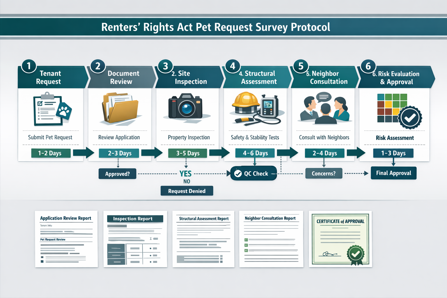 () detailed workflow diagram showing step-by-step building survey protocol process for Renters' Rights Act pet requests.