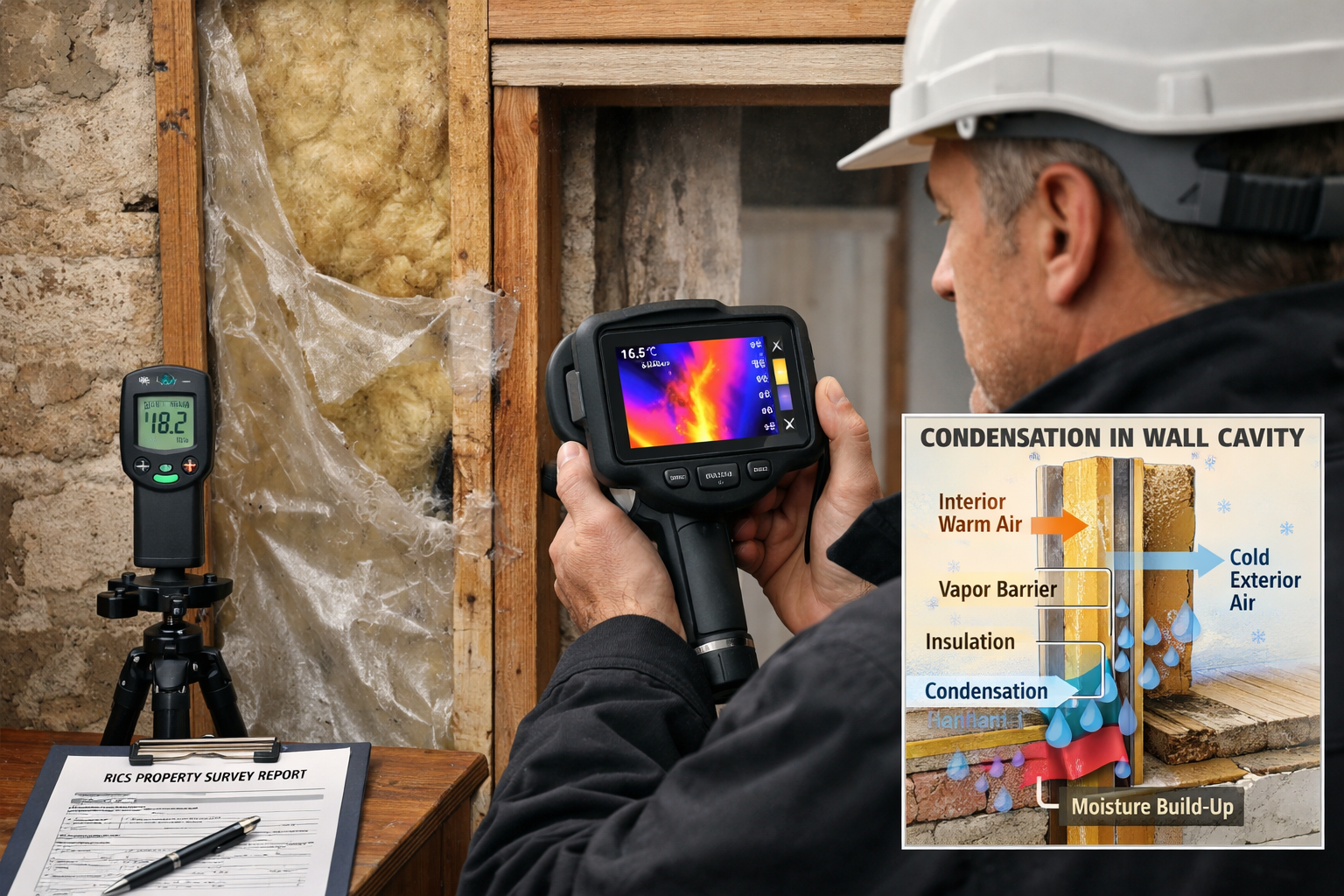 Detailed () image showing professional surveyor conducting thermal imaging inspection inside period property. Scene captures