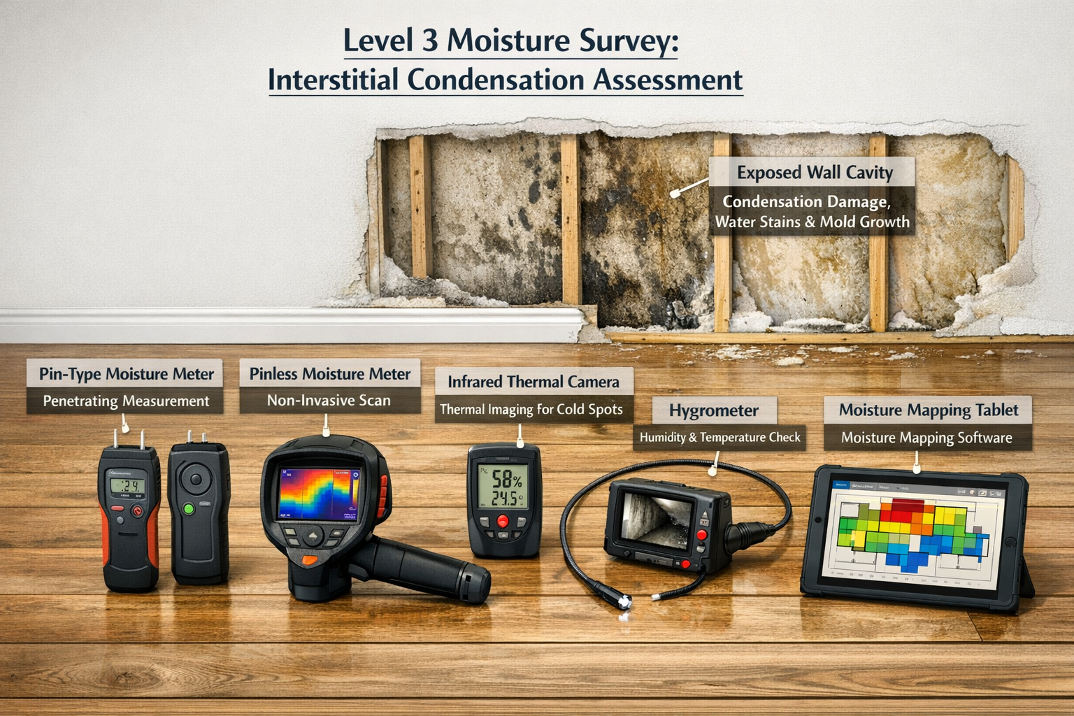 Detailed () technical illustration showing advanced moisture detection equipment array laid out on wooden floor of empty