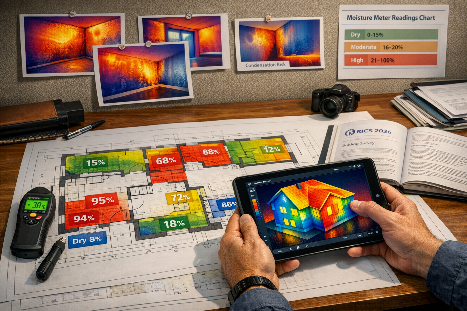 Detailed () image showing comprehensive moisture mapping documentation process during RICS Level 3 survey. Scene displays