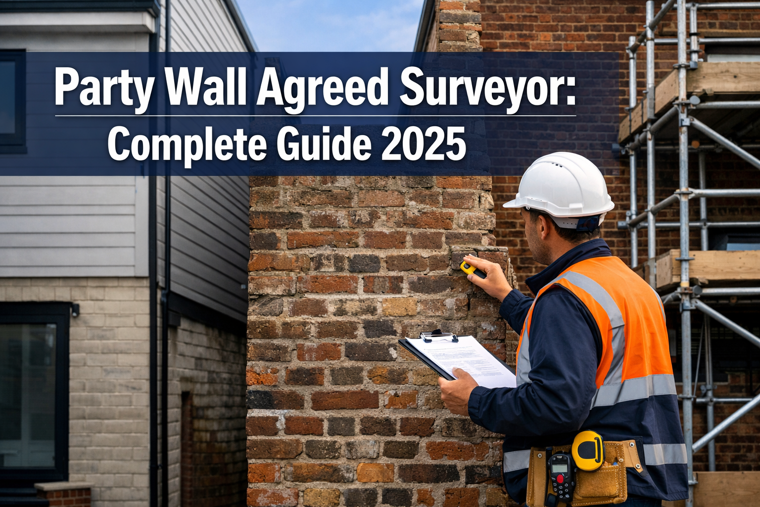 Professional landscape hero image (1536x1024) featuring bold text overlay 'Party Wall Agreed Surveyor: Complete Guide 2025' in extra large 7