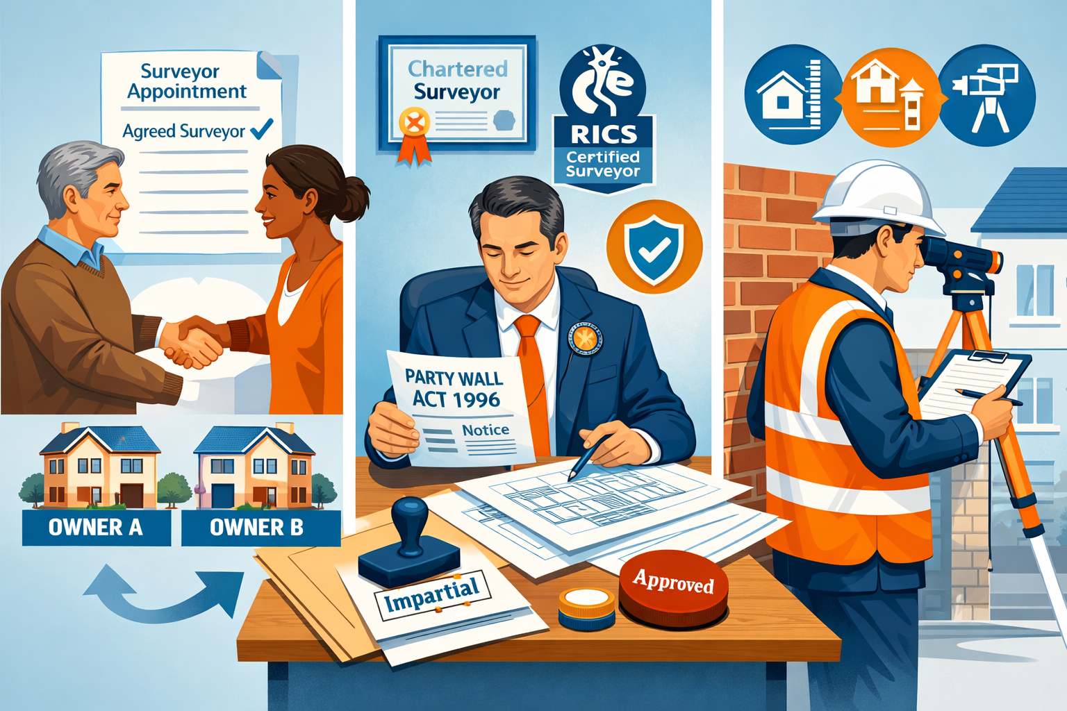 Detailed editorial illustration (1536x1024) showing professional party wall surveyor appointment process with three connected panels: left p