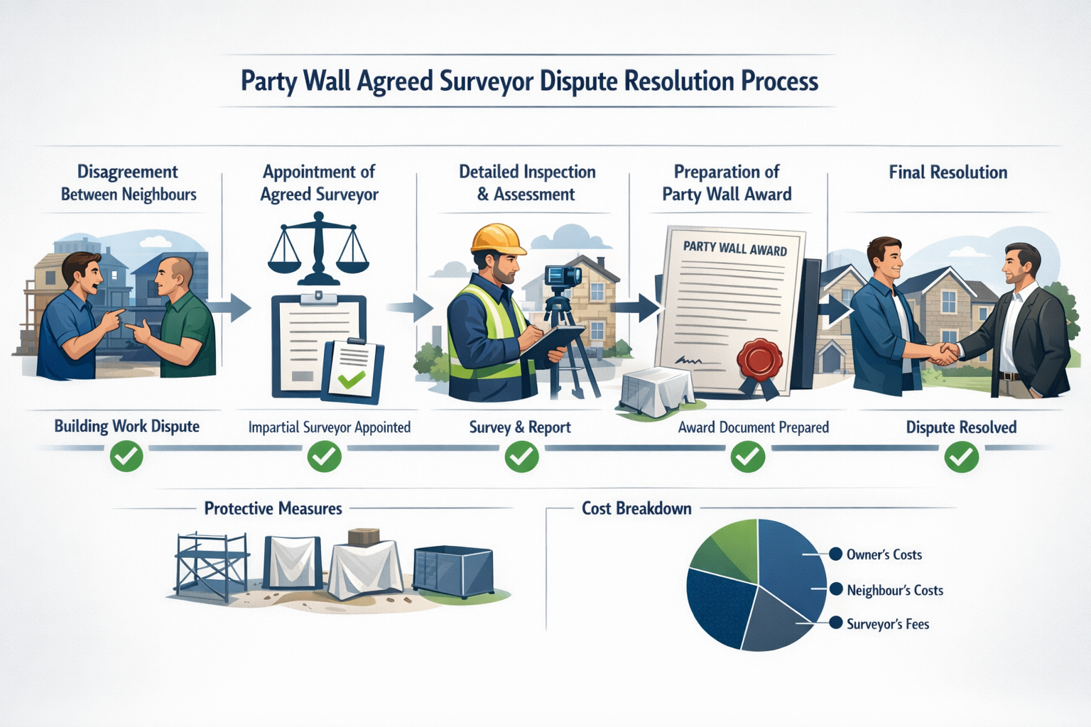 Comprehensive infographic illustration (1536x1024) depicting party wall agreed surveyor dispute resolution process as flowchart diagram. Sho