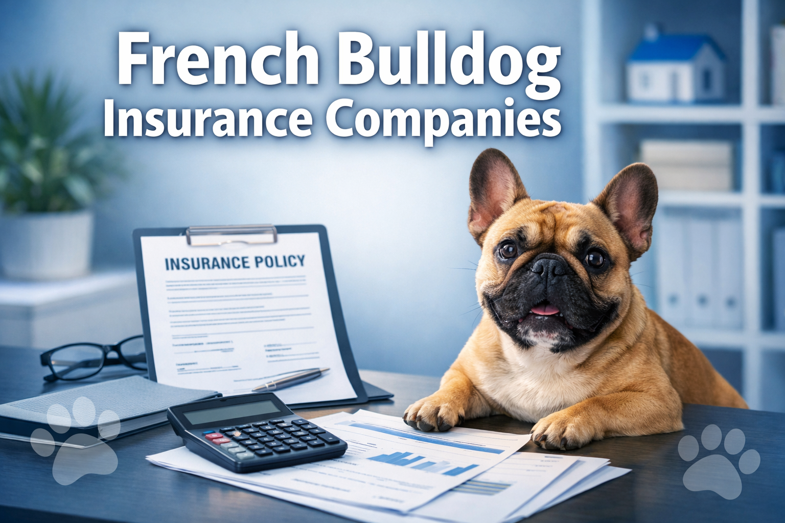 Professional landscape format (1536x1024) hero image featuring bold text overlay 'French Bulldog Insurance Companies' in extra large 72pt wh