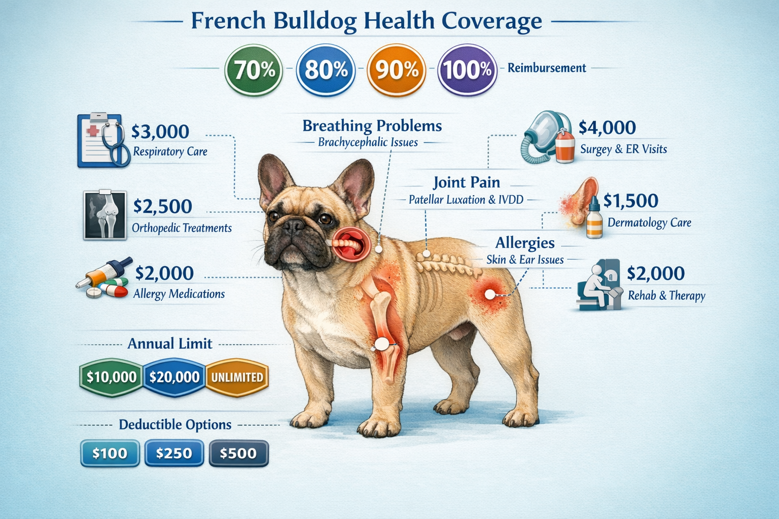Portrait format (1024x1536) detailed illustration showing French Bulldog health conditions coverage matrix with insurance benefits breakdown