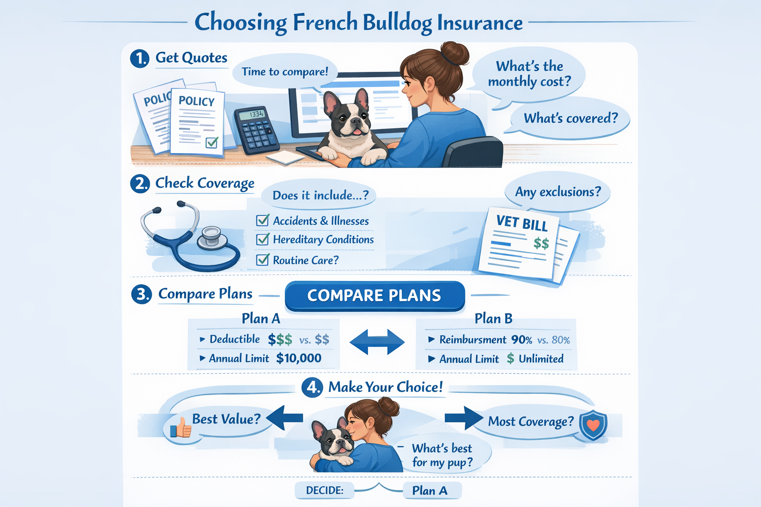 Portrait format (1024x1536) step-by-step visual guide for choosing French Bulldog insurance with numbered action items and decision flowchar