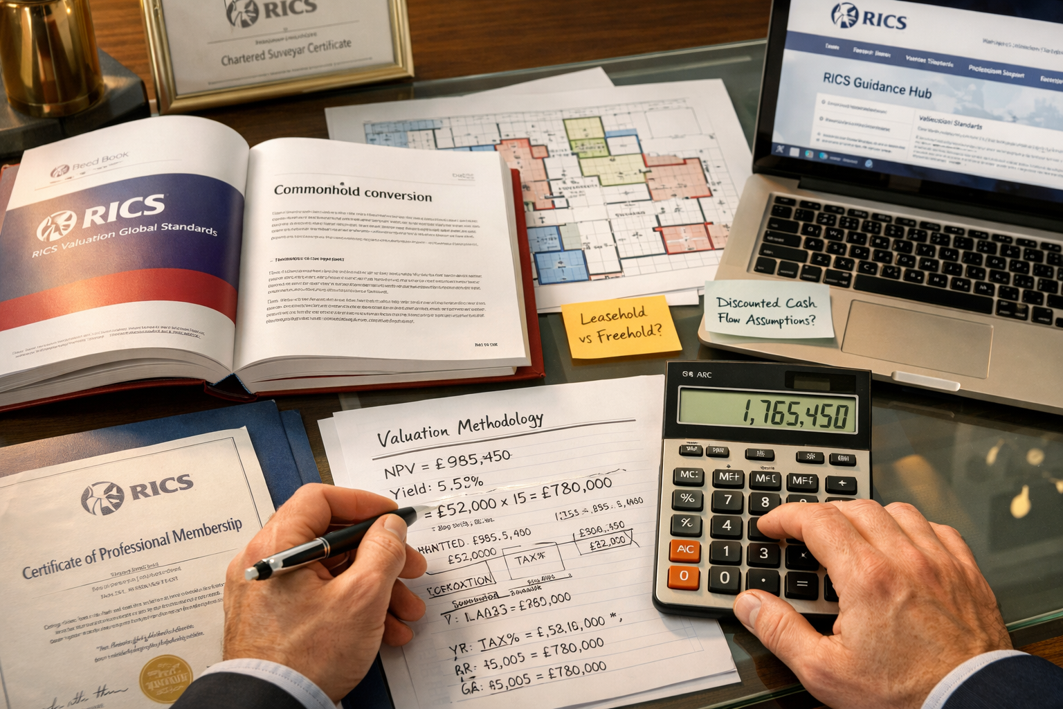Detailed () image showing close-up of RICS-accredited surveyor's hands reviewing comprehensive valuation methodology