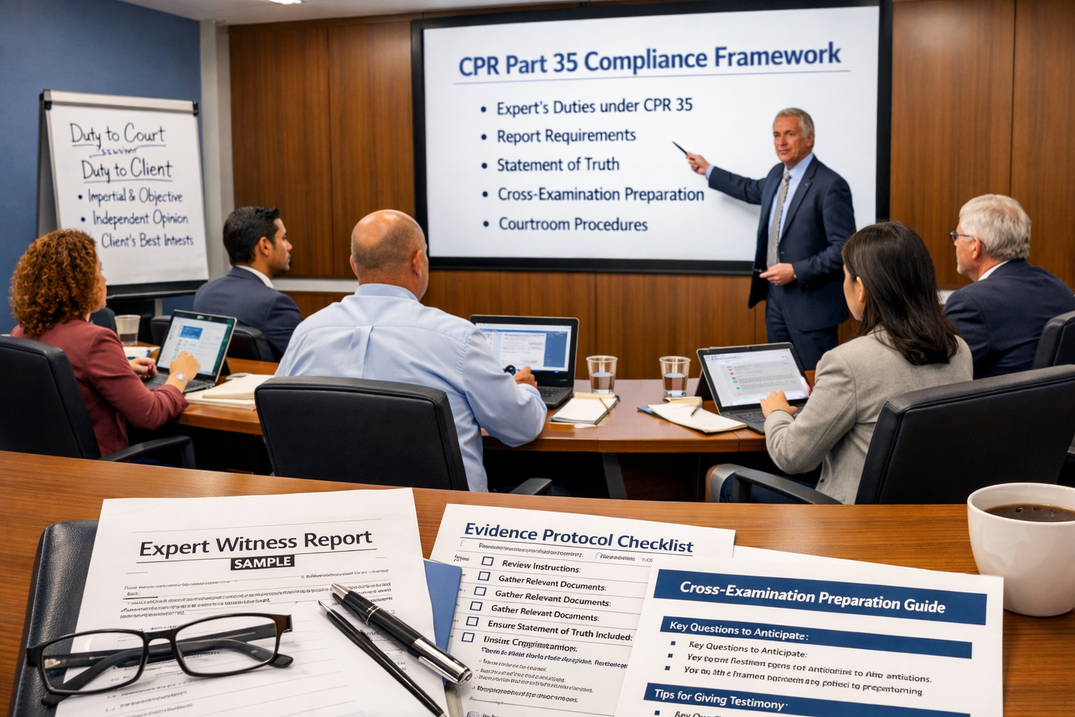 Wide-angle () image depicting professional training seminar for expert witnesses in modern conference room setting. Scene