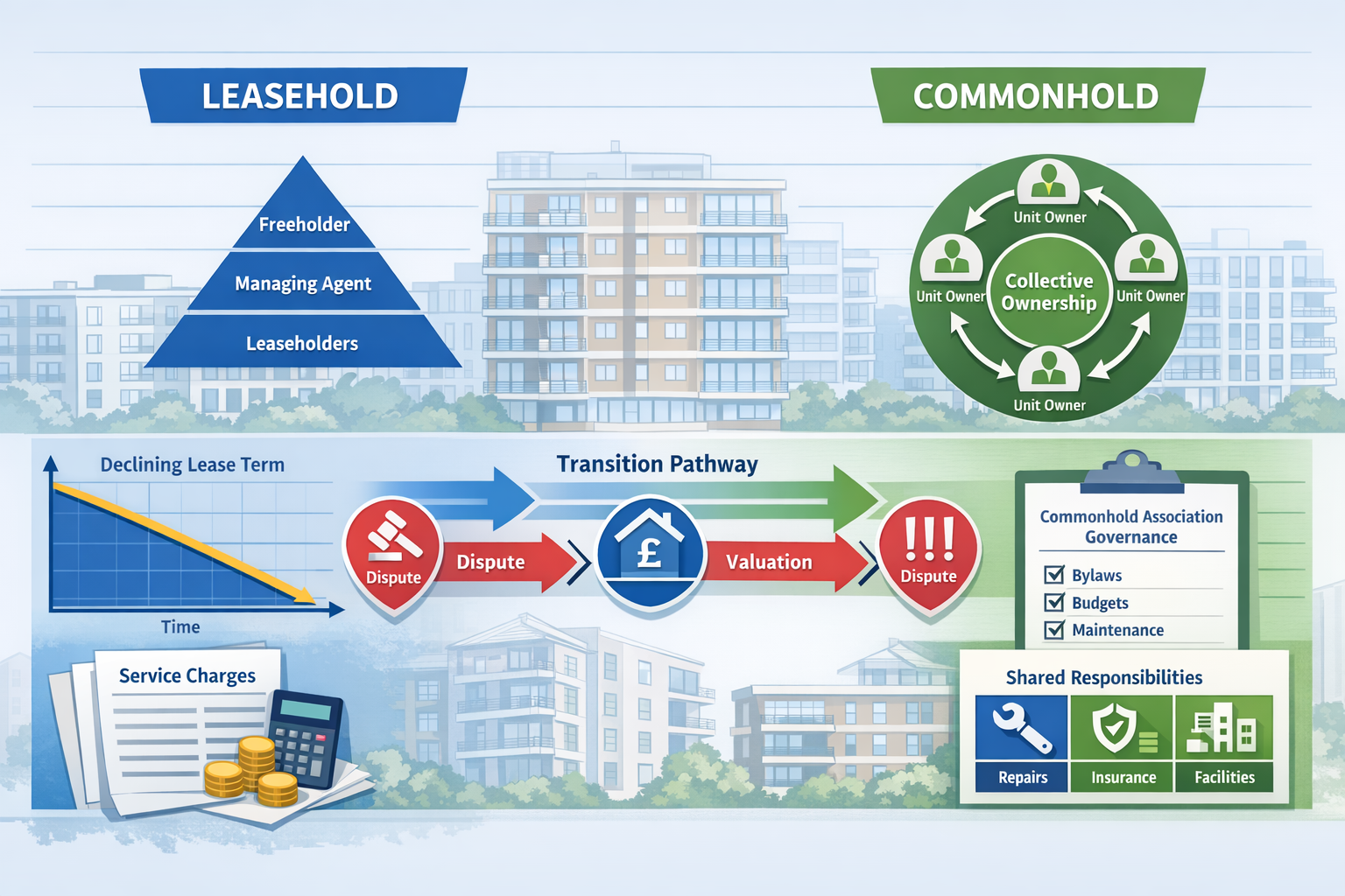 Detailed () image showing split-screen comparison visual of leasehold versus commonhold property structures. Left side