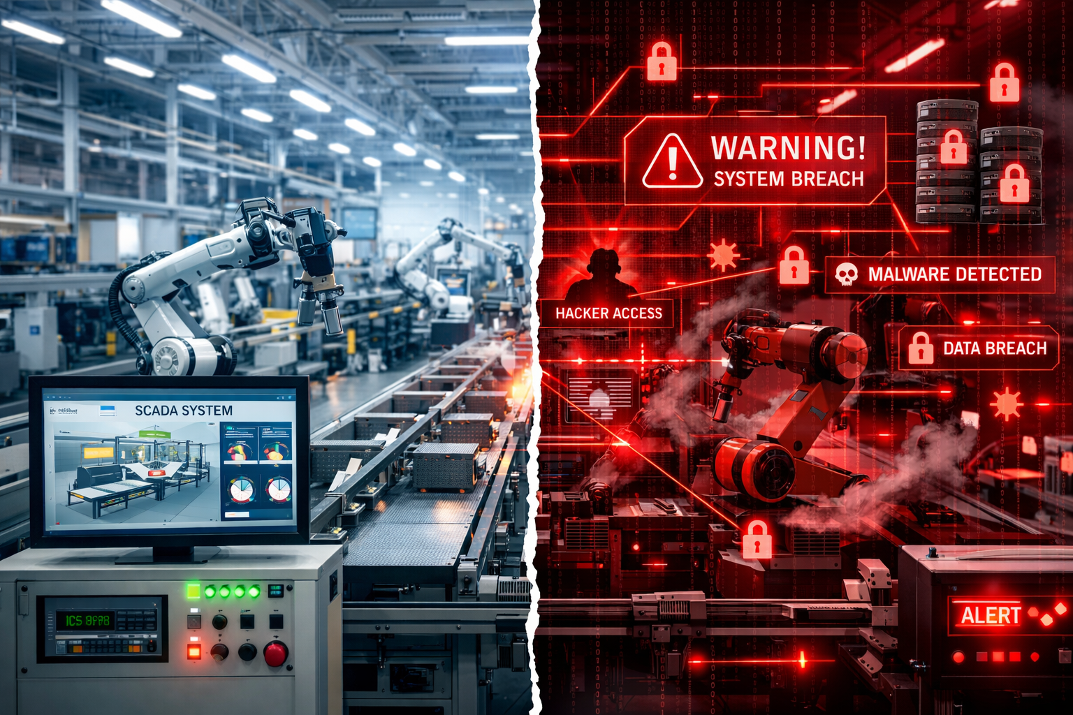 Detailed landscape format (1536x1024) image showing manufacturing facility production line with overlay graphics depicting cyber attack vect
