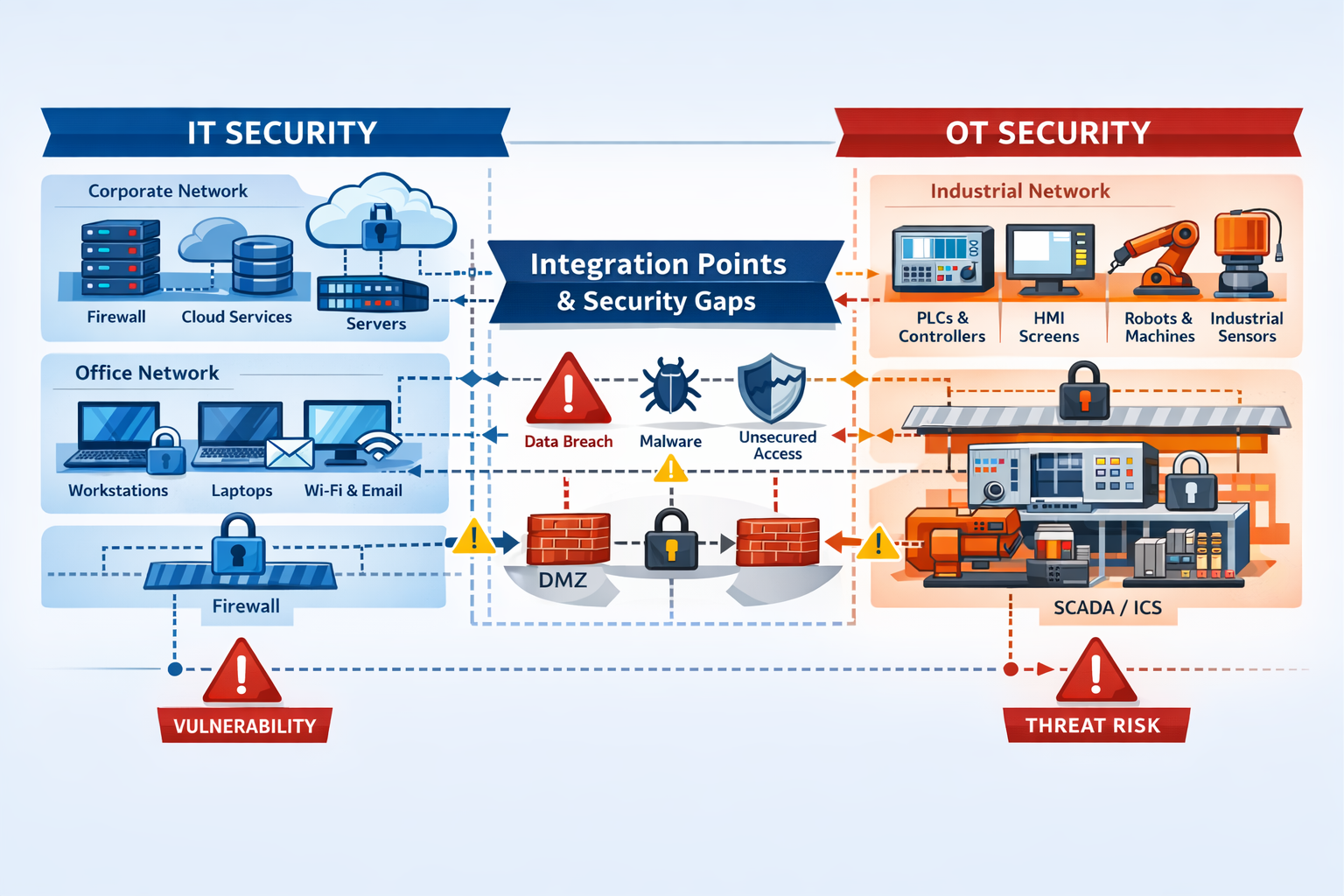 Landscape format (1536x1024) infographic comparing IT vs OT security systems in manufacturing environment. Left side shows traditional IT in