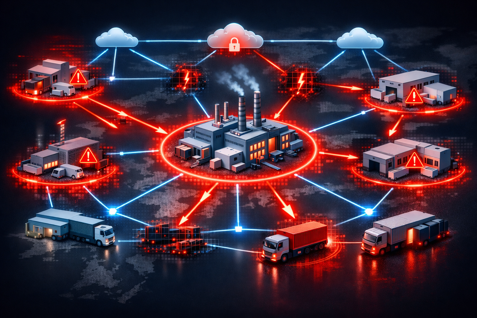 Landscape format (1536x1024) visualization of supply chain cyber attack propagation across manufacturing network. Central manufacturing faci
