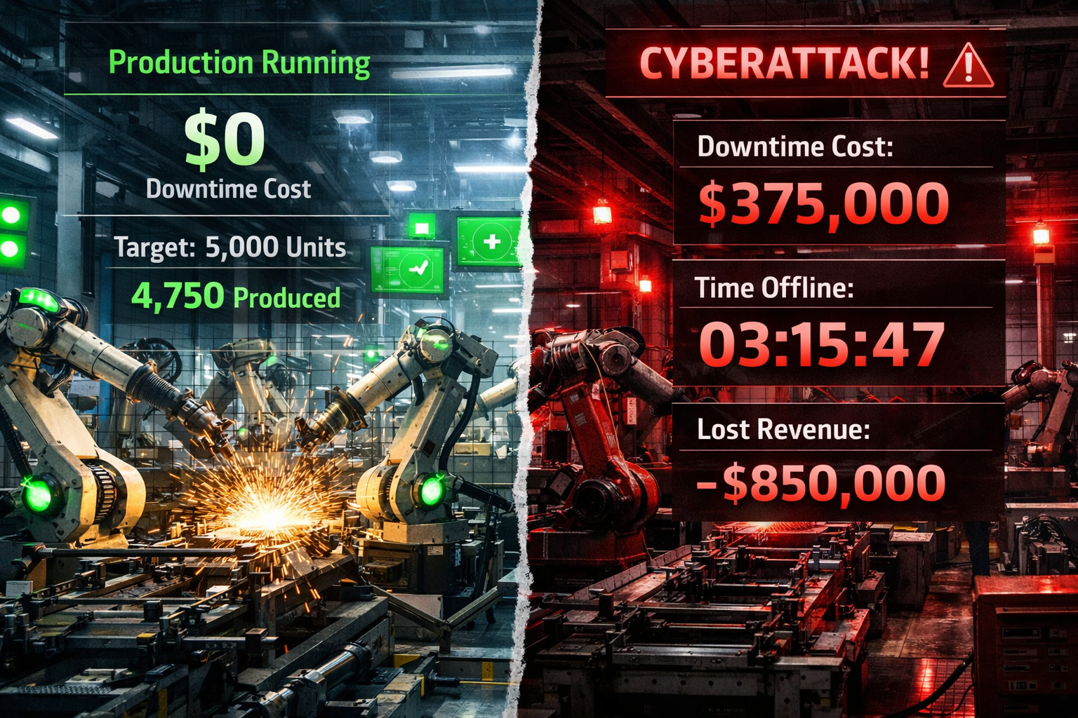Landscape format (1536x1024) dramatic visualization of manufacturing downtime costs during cyberattack. Split composition showing active pro