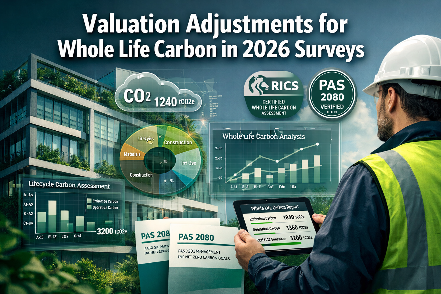 Professional () hero image with : 'Valuation Adjustments for Whole Life Carbon in 2026 Surveys' in extra large white with
