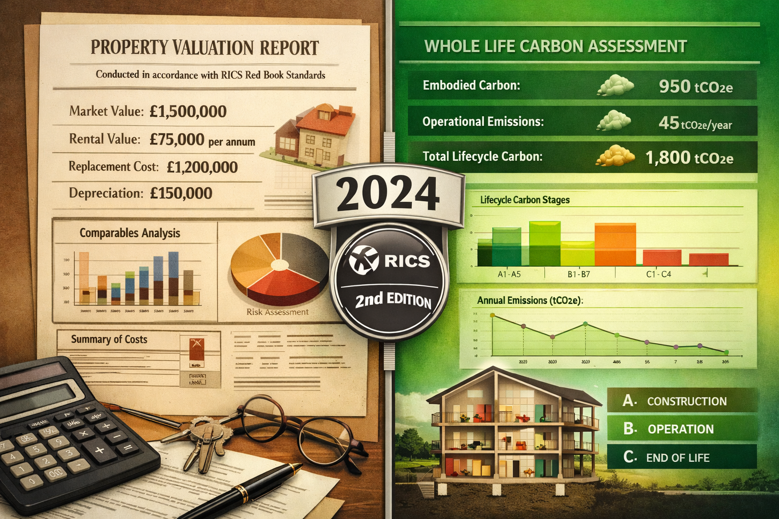 Detailed () image showing split-screen composition: left side displays traditional property valuation report with red book