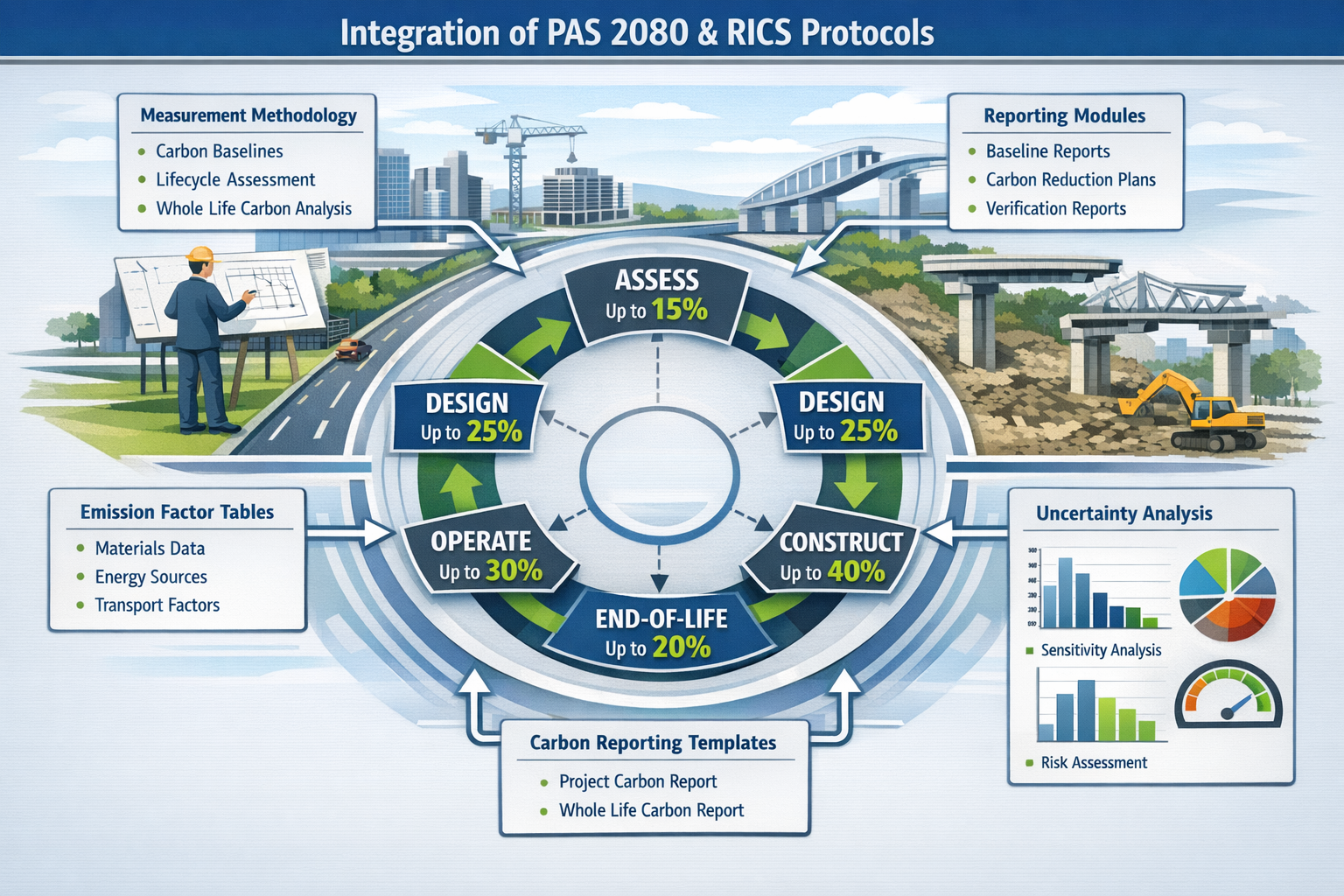 Detailed () technical infographic showing PAS 2080 carbon management framework integration with RICS protocols. Central