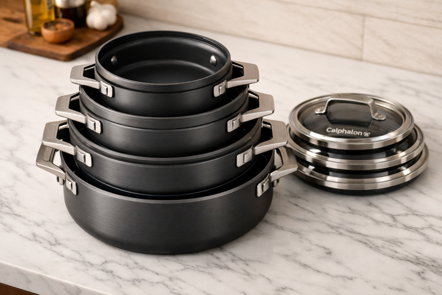 Landscape format (1536x1024) editorial image showing a close-up overhead flat-lay of a complete Calphalon stackable cookware set arranged in a neat stack on a clean white marble kitchen counter. Multiple hard-anodized nonstick pans and pots nested together, lids stacked separately, showing space-saving design. Warm kitchen lighting, shallow depth of field, professional food photography style, charcoal and silver color palette, clean minimalist composition. 