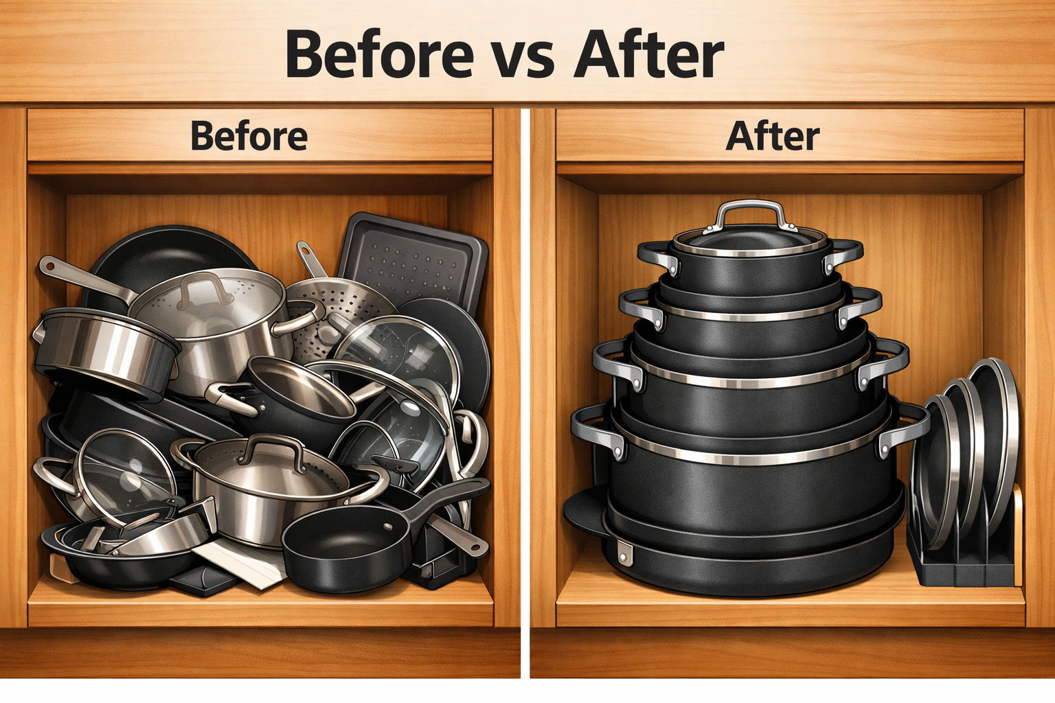 Landscape format (1536x1024) side-by-side comparison illustration showing two kitchen cabinet interiors: left side cluttered with traditional non-stackable cookware in disarray, right side showing neatly organized Calphalon stackable cookware set stacked efficiently. Bold label text 'Before vs After' at top. Clean infographic style, warm wood cabinet tones, charcoal cookware, bright even lighting, editorial quality, practical home organization theme. 