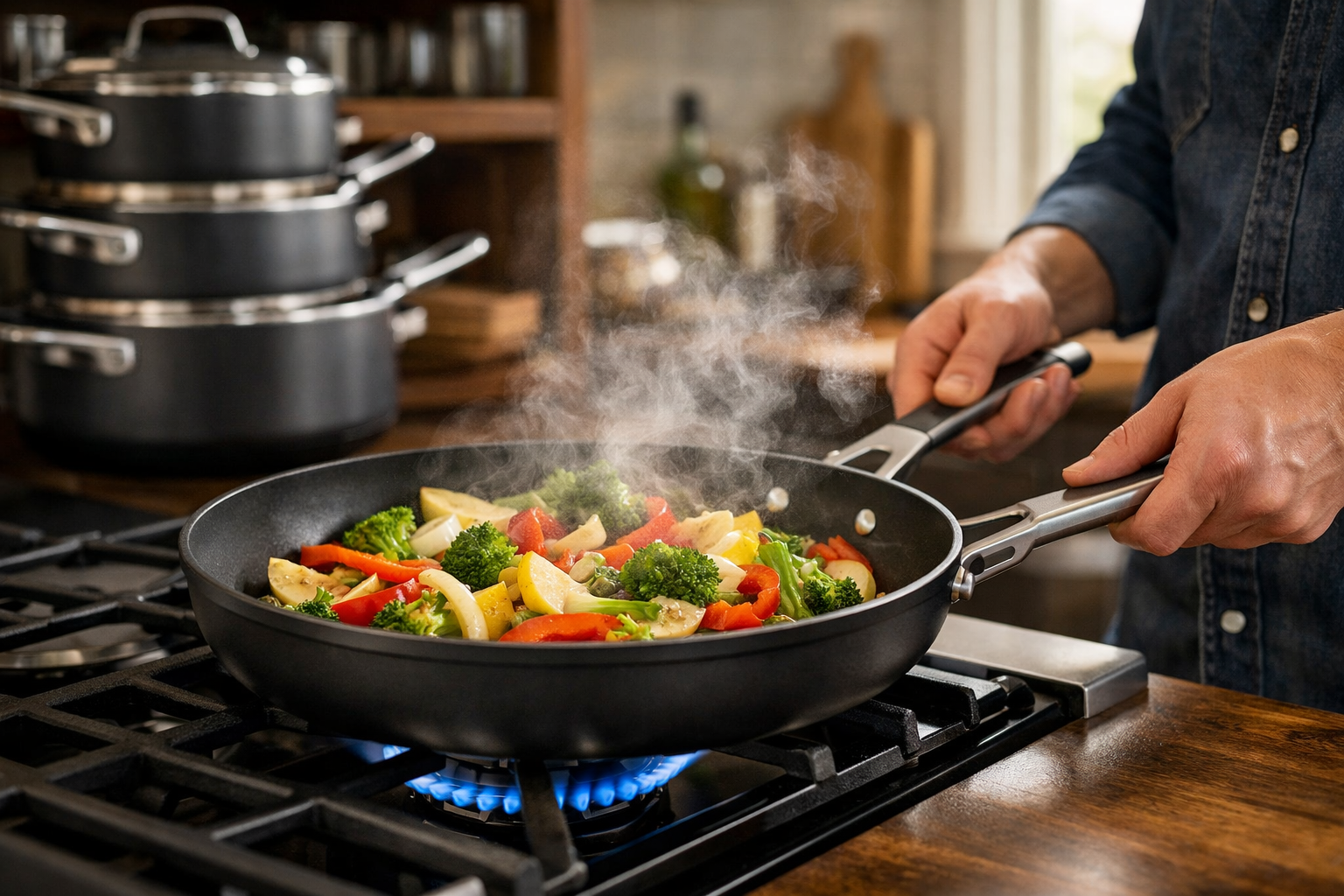 Landscape format (1536x1024) action shot of a home cook using a Calphalon nonstick skillet from a stackable set on a gas stovetop, sautéing vegetables with steam rising. Additional stacked Calphalon pots visible in background on open shelving. Warm kitchen ambiance, natural light from window, shallow depth of field focusing on the pan and food, rich charcoal and stainless tones, lifestyle photography quality, inviting and practical atmosphere. 
