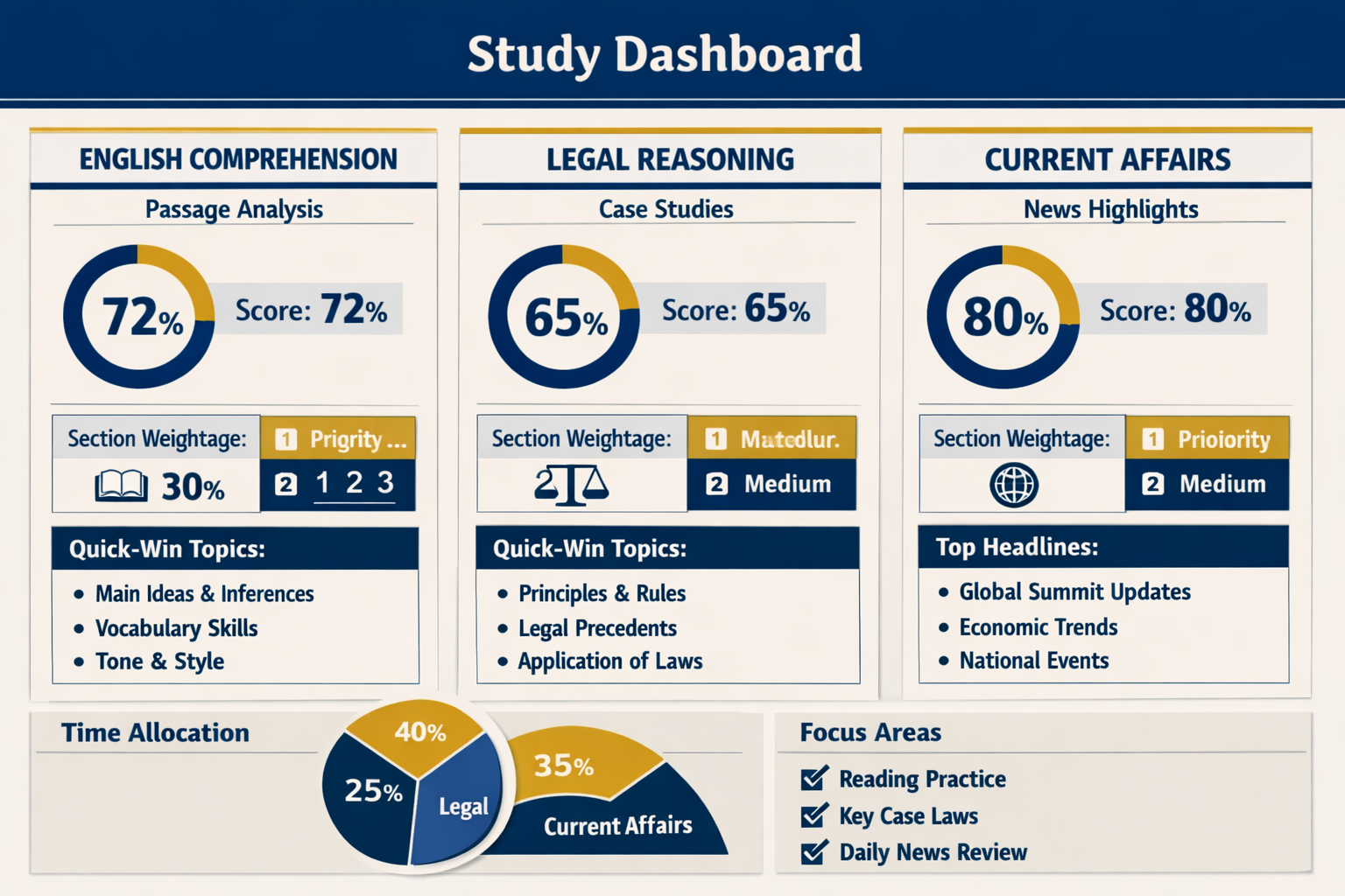 Landscape format (1536x1024) image showing a strategic study dashboard with multiple sections: English comprehension passages, Legal Reasoni