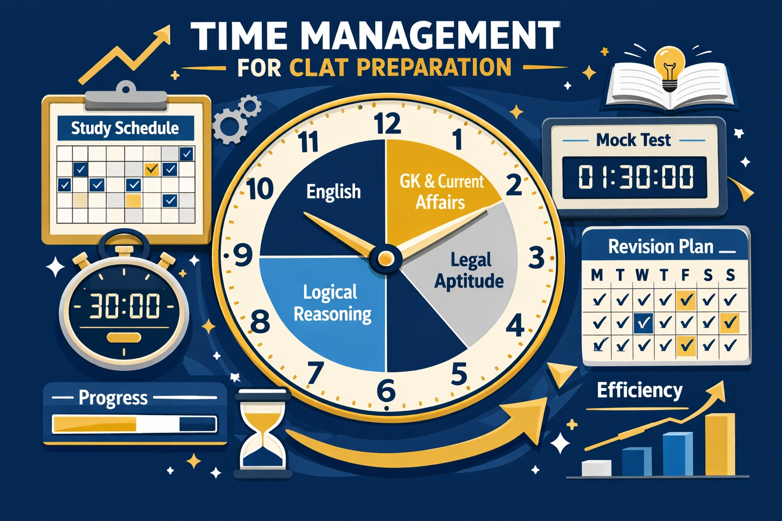Professional landscape format (1536x1024) illustration depicting time management techniques for CLAT preparation. Visual shows a large clock