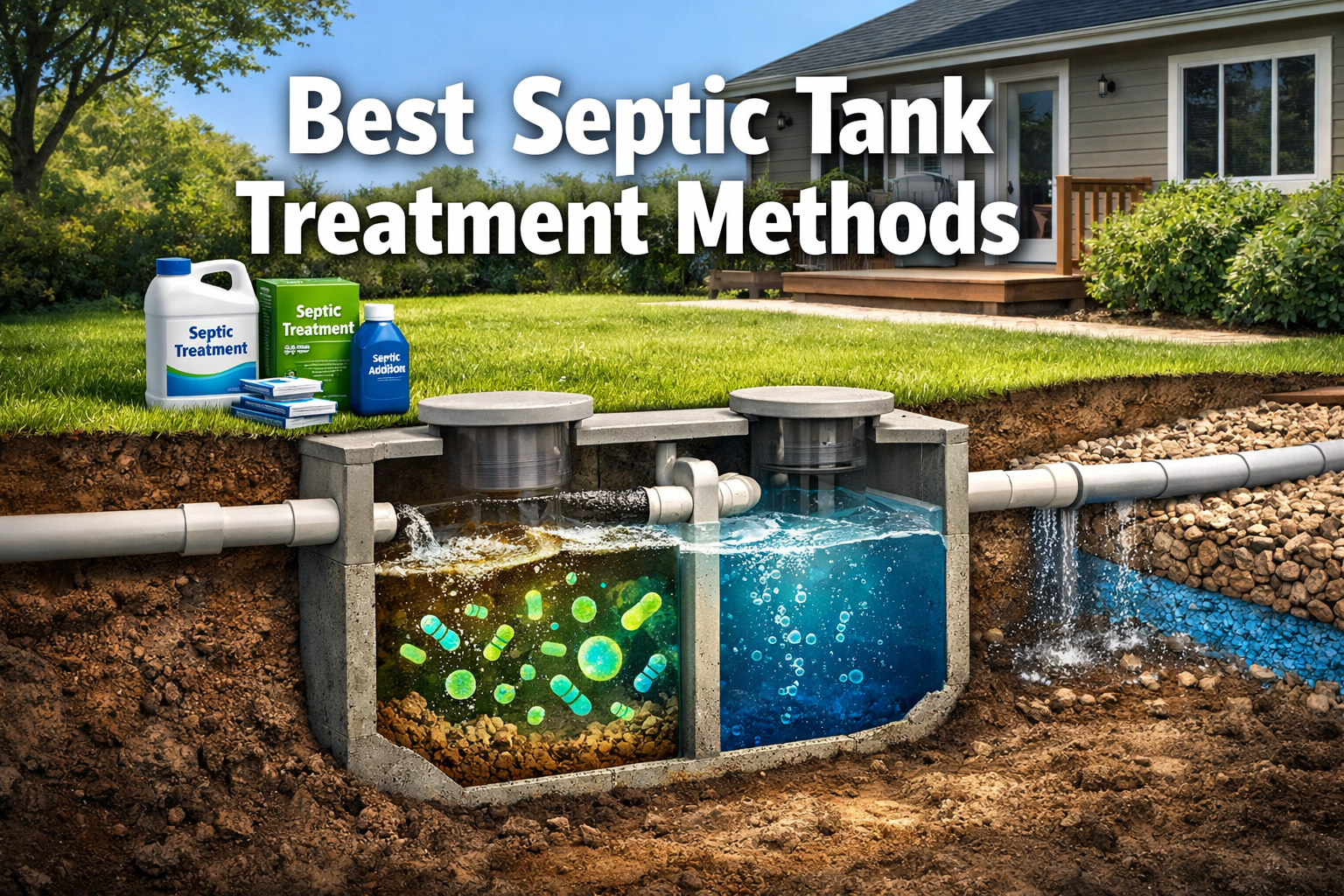 Professional landscape format (1536x1024) hero image featuring bold text overlay 'Best Septic Tank Treatment Methods' in extra large 72pt wh