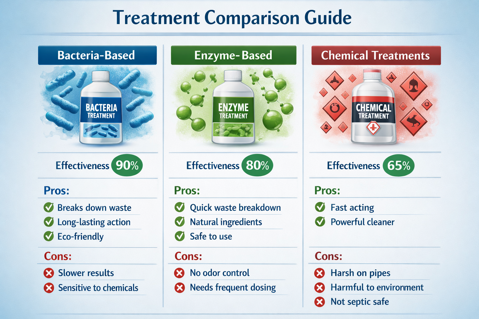 Portrait format (1024x1536) infographic showing comparison chart of different septic treatment types - bacteria-based vs enzyme-based vs che