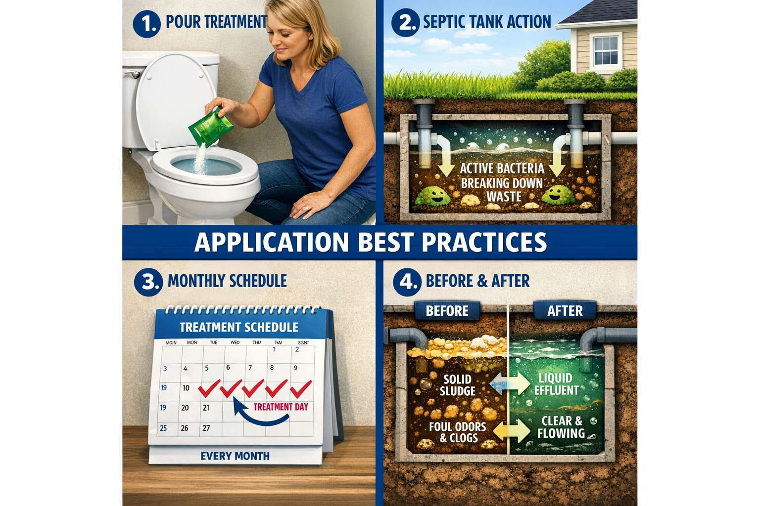 Portrait format (1024x1536) step-by-step visual guide showing proper septic tank treatment application process. Split-screen layout featurin