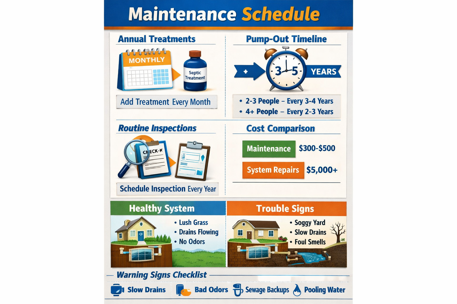 Portrait format (1024x1536) maintenance timeline infographic displaying septic system care calendar with treatment schedules, pump-out inter