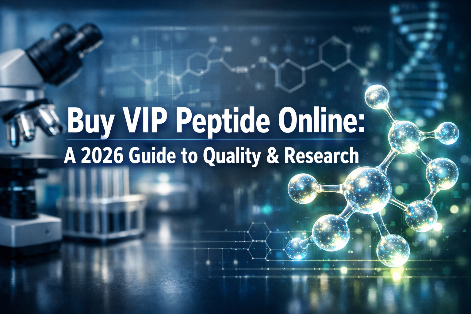 Professional landscape hero image (1536x1024) with bold text overlay: 'Buy VIP Peptide Online: A 2026 Guide to Quality & Research', modern s