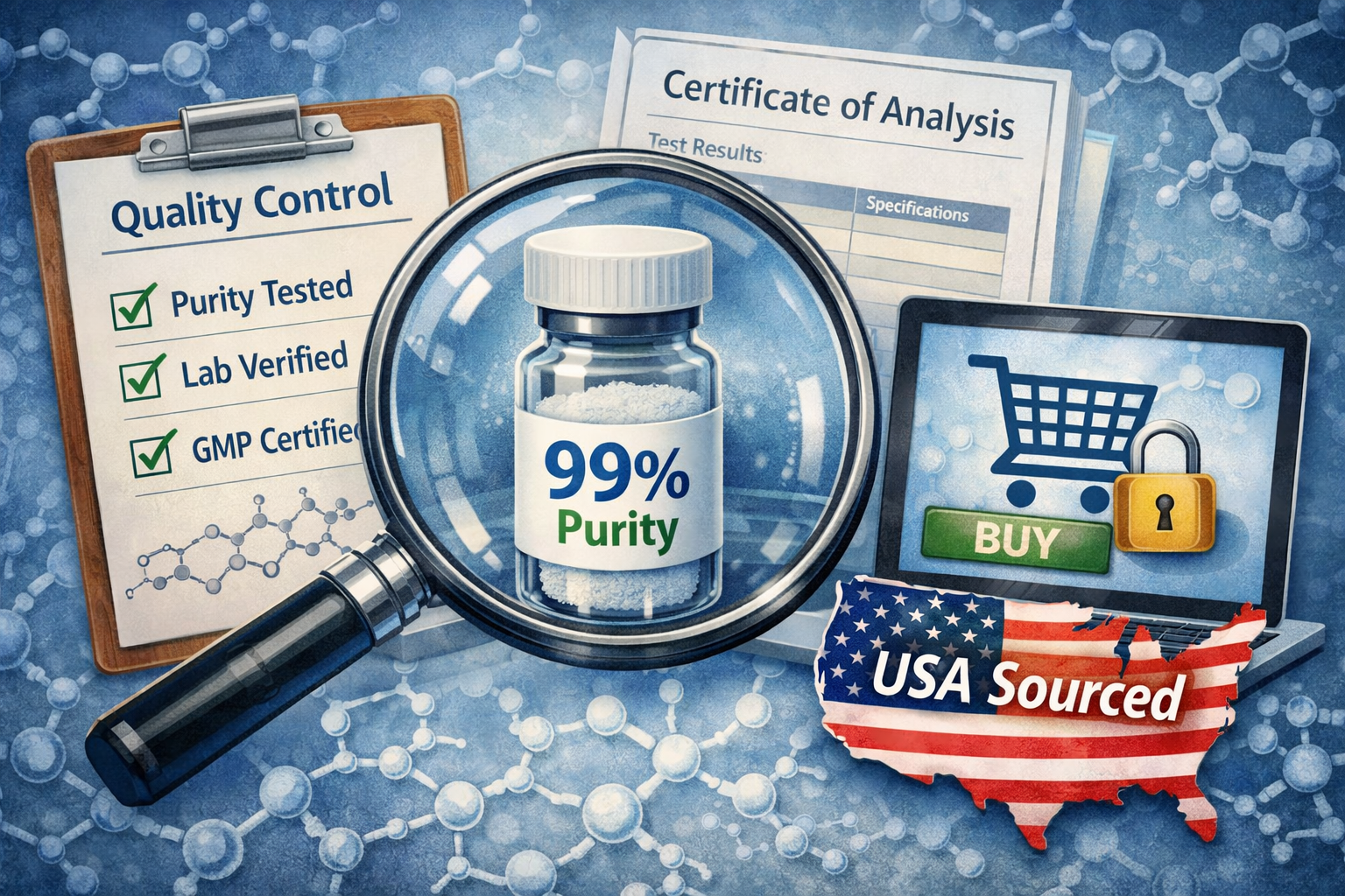 A detailed illustration depicting various aspects of peptide quality and sourcing, featuring a magnifying glass over a peptide vial with a '