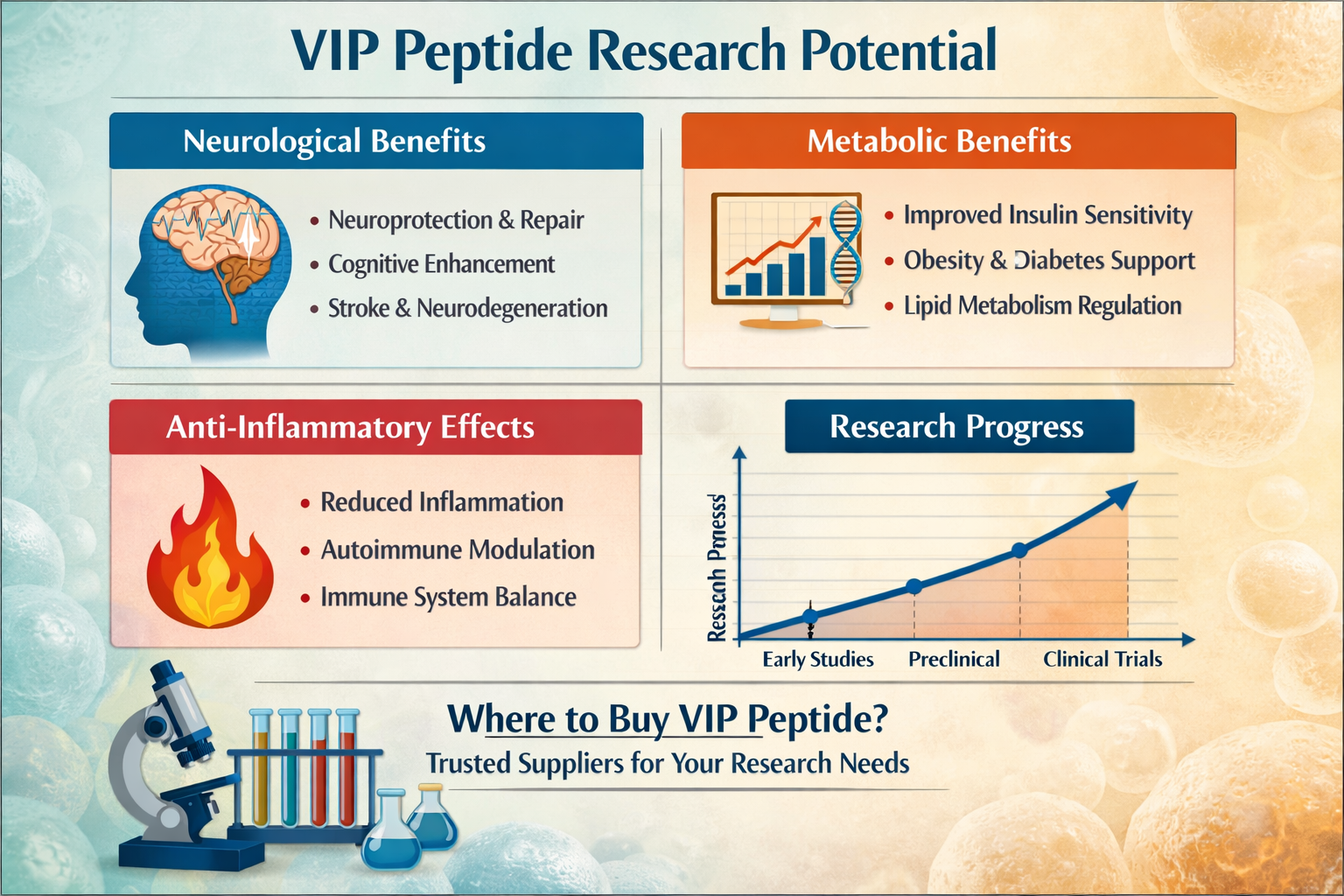 An infographic comparing different aspects of VIP peptide research, illustrating its potential benefits in neurological, metabolic, and infl